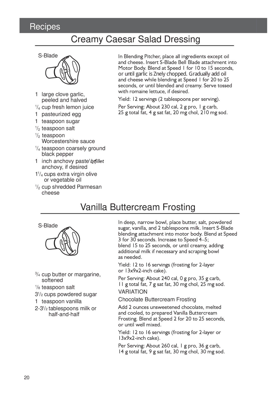 KitchenAid KHB2561CU manual Creamy Caesar Salad Dressing, Vanilla Buttercream Frosting, Chocolate Buttercream Frosting 