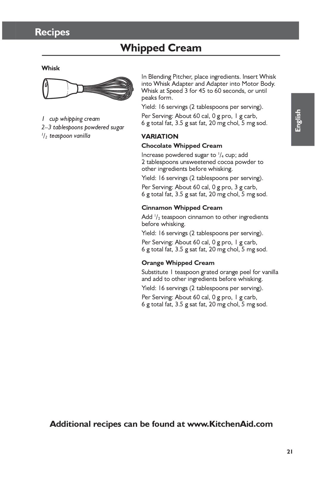 KitchenAid KHB2561CU, KHB2561OB manual Whisk, Chocolate Whipped Cream, Cinnamon Whipped Cream, Orange Whipped Cream 