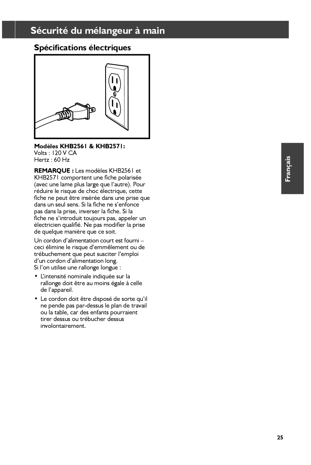 KitchenAid KHB2561OB, KHB2561CU manual Sécurité du mélangeur à main, Spécifications électriques, Modèles KHB2561 & KHB2571 