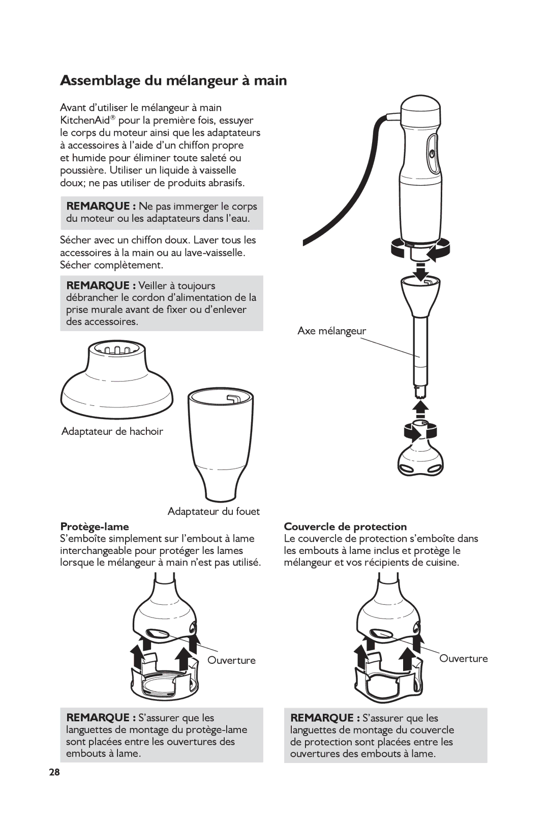 KitchenAid KHB2561OB Utilisation du mélangeur à main, Assemblage du mélangeur à main, Couvercle de protection, Ouverture 