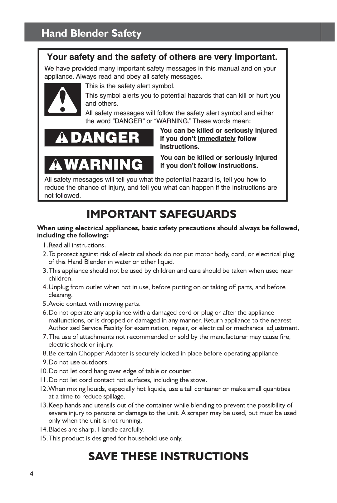 KitchenAid KHB2561OB, KHB2561CU manual Important Safeguards, Hand Blender Safety 