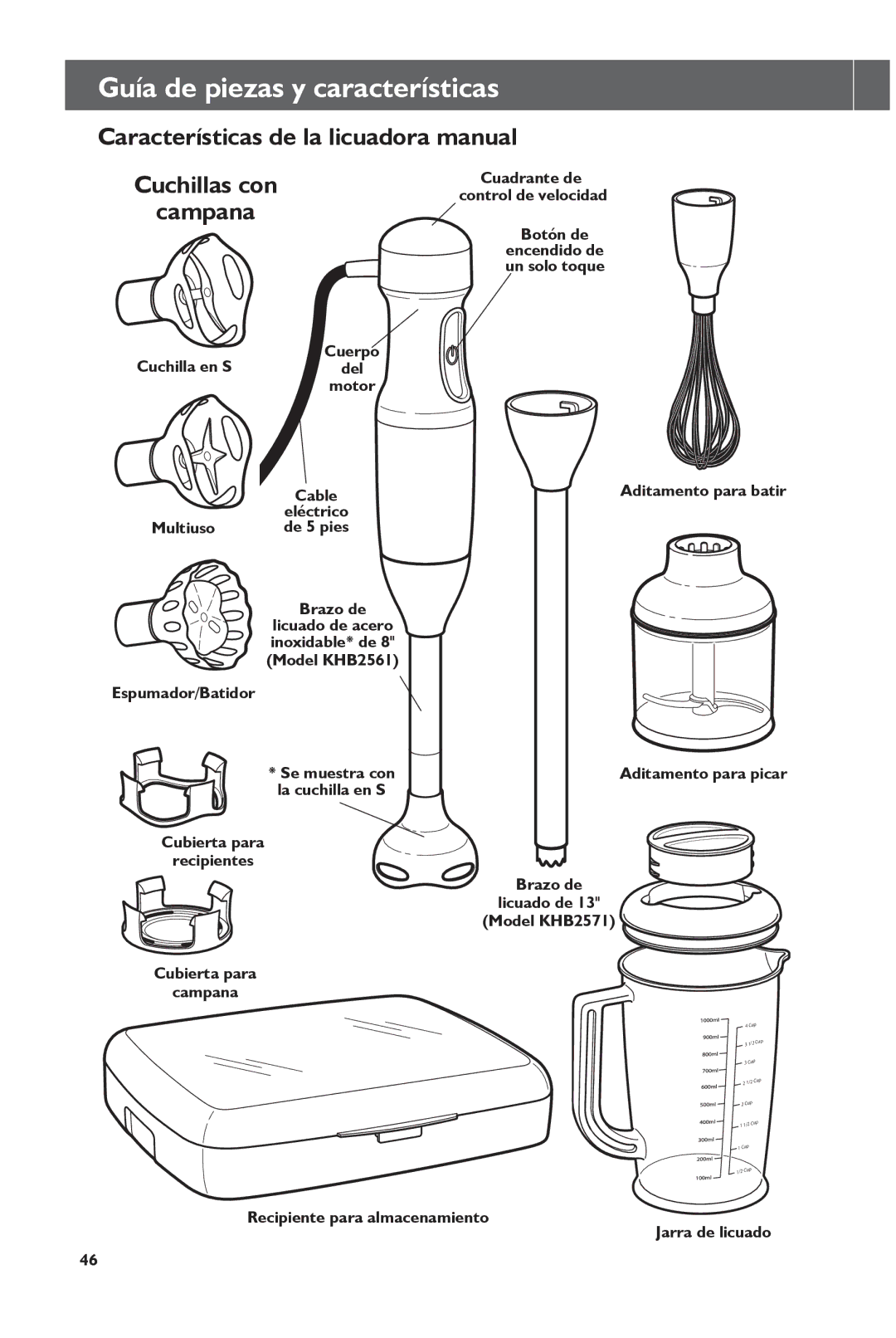 KitchenAid KHB2561OB Guía de piezas y características, Características de la licuadora manual Cuchillas con Campana 