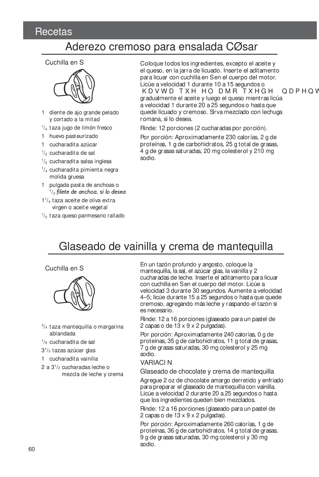 KitchenAid KHB2561CU, KHB2561OB manual Aderezo cremoso para ensalada César, Glaseado de vainilla y crema de mantequilla 