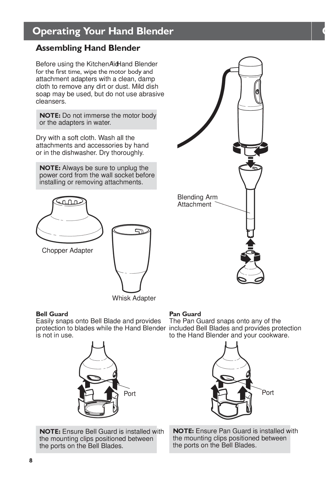 KitchenAid KHB2561CU, KHB2561OB Operating Your Hand Blender, Assembling Hand Blender, Chopper Adapter Whisk Adapter 