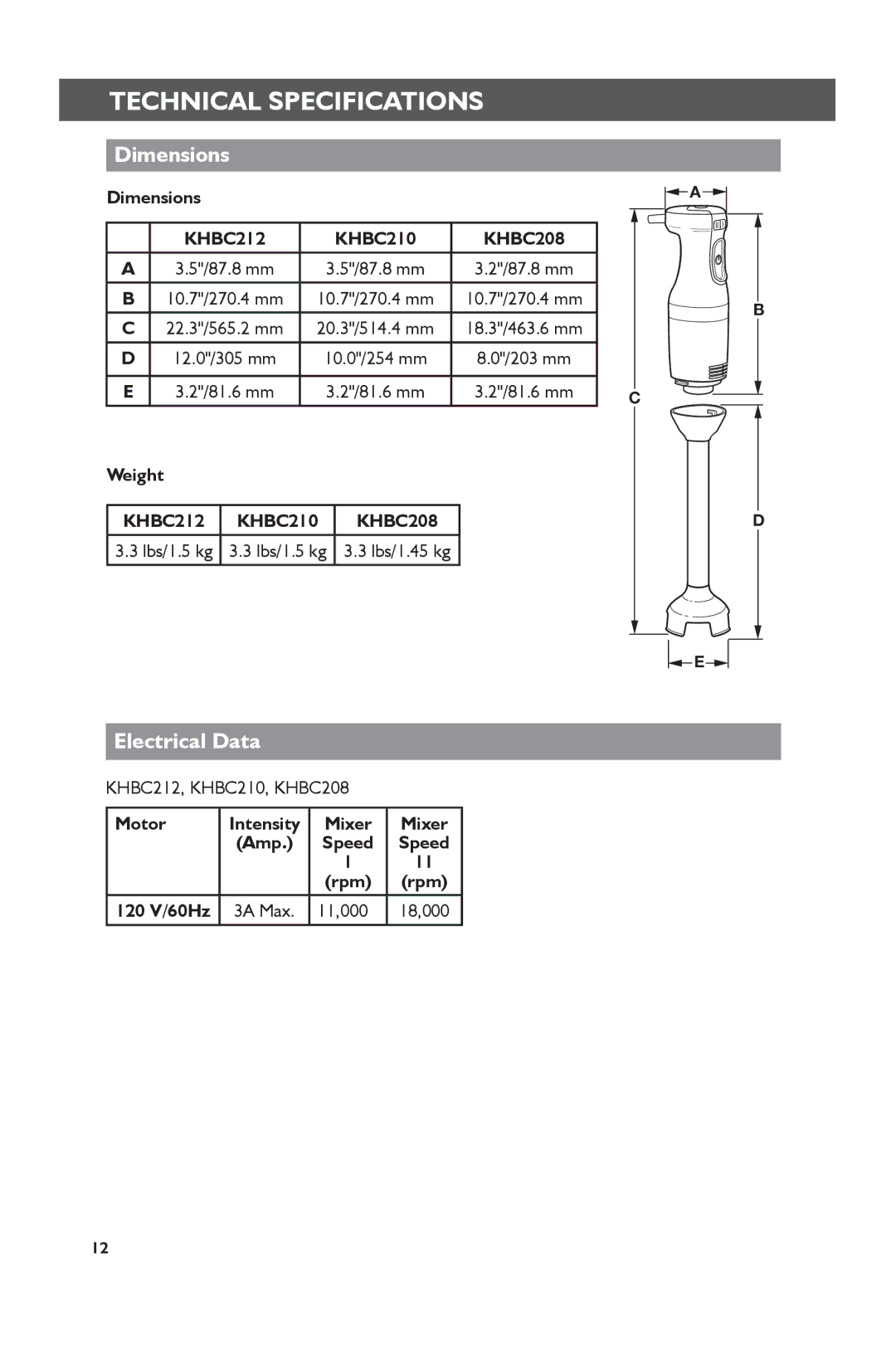 KitchenAid manual Technical Specifications, Dimensions, Electrical Data, KHBC212 KHBC210 KHBC208 