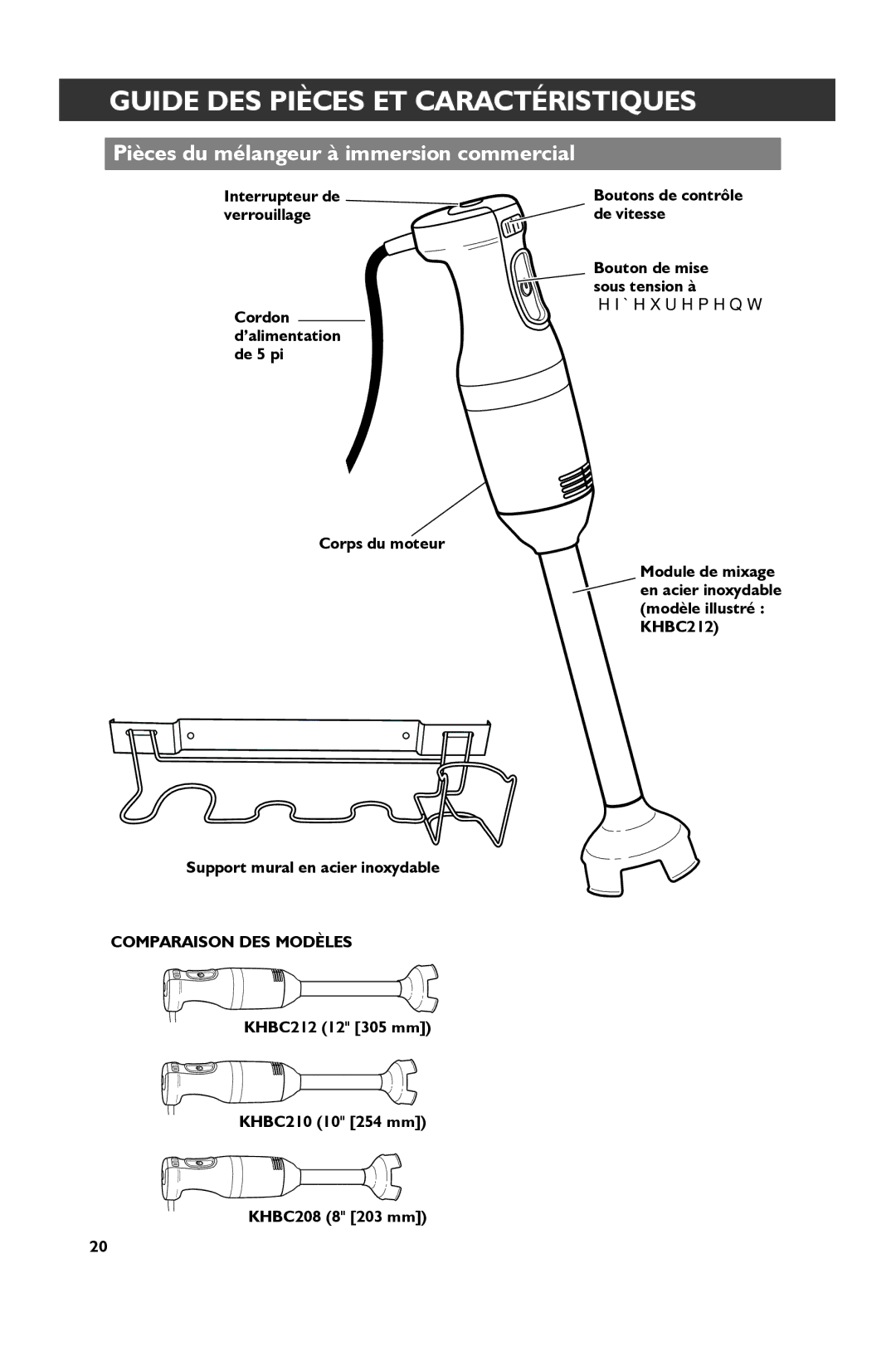 KitchenAid KHBC208, KHBC212, KHBC210 manual Guide DES Pièces ET Caractéristiques, Pièces du mélangeur à immersion commercial 