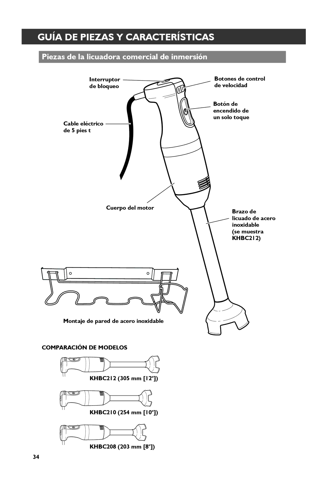 KitchenAid KHBC210, KHBC212, KHBC208 manual Guía DE Piezas Y Características, Piezas de la licuadora comercial de inmersión 