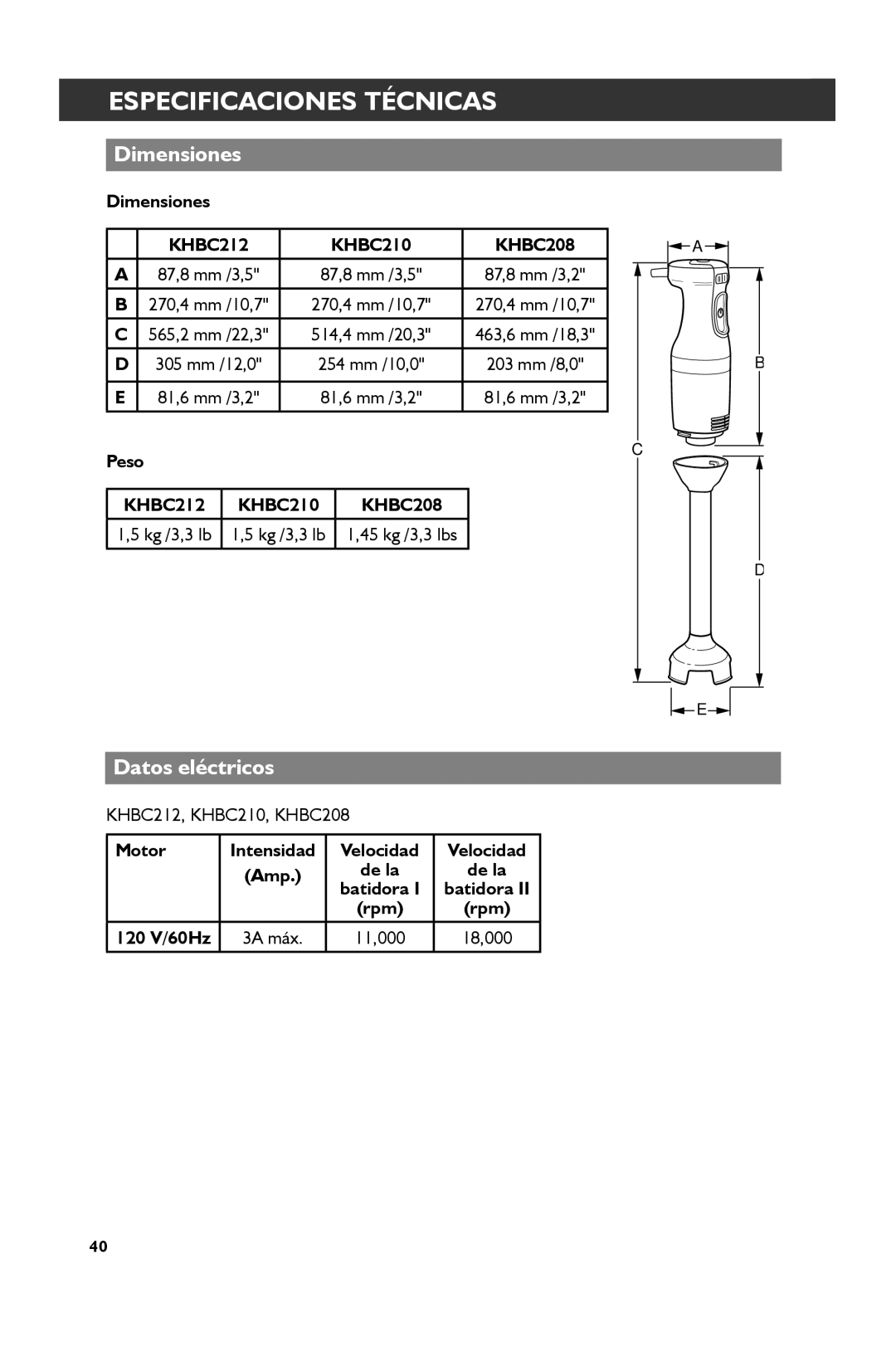 KitchenAid KHBC210, KHBC212, KHBC208 manual Especificaciones Técnicas, Dimensiones, Datos eléctricos 