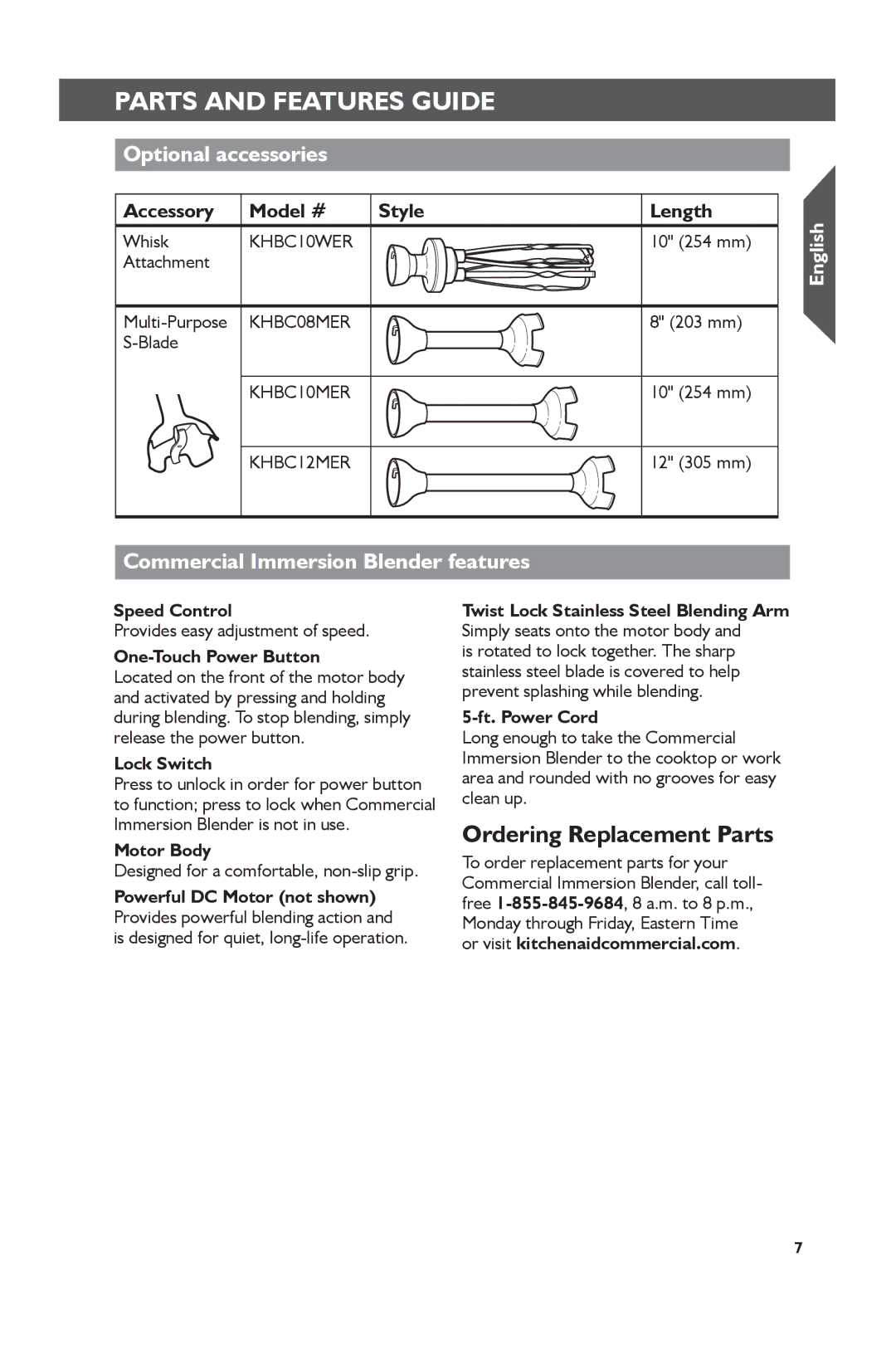 KitchenAid KHBC210, KHBC212 Ordering Replacement Parts, Optional accessories, Assembling The Commercial Immersion Blender 