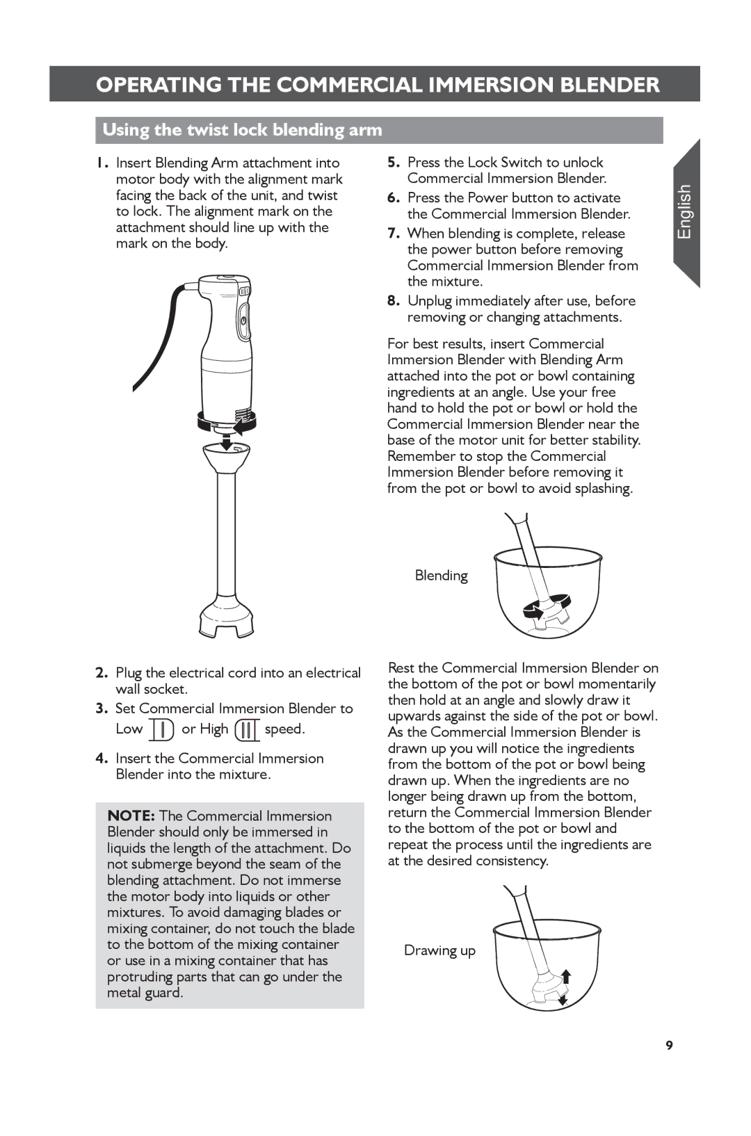 KitchenAid KHBC212, KHBC210, KHBC208 manual Using the twist lock blending arm, Blending, Drawing up 