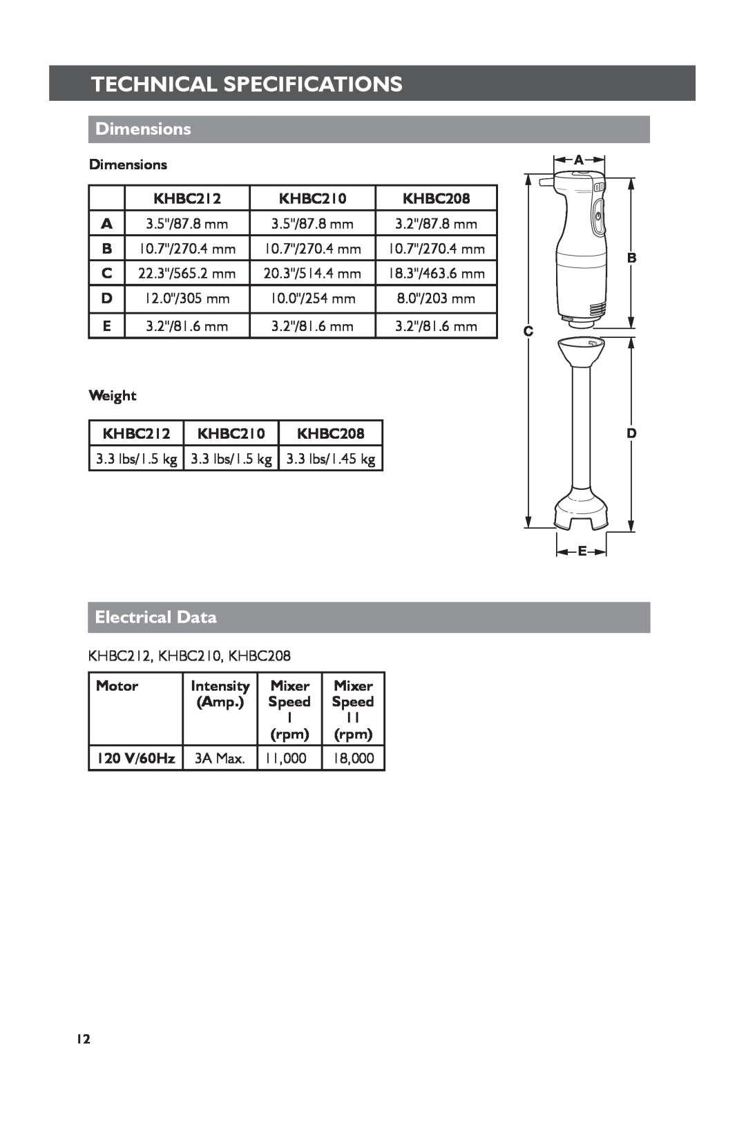KitchenAid KHBC212 manual Technical Specifications, Dimensions, Electrical Data, KHBC210, KHBC208, Weight, Motor, Intensity 