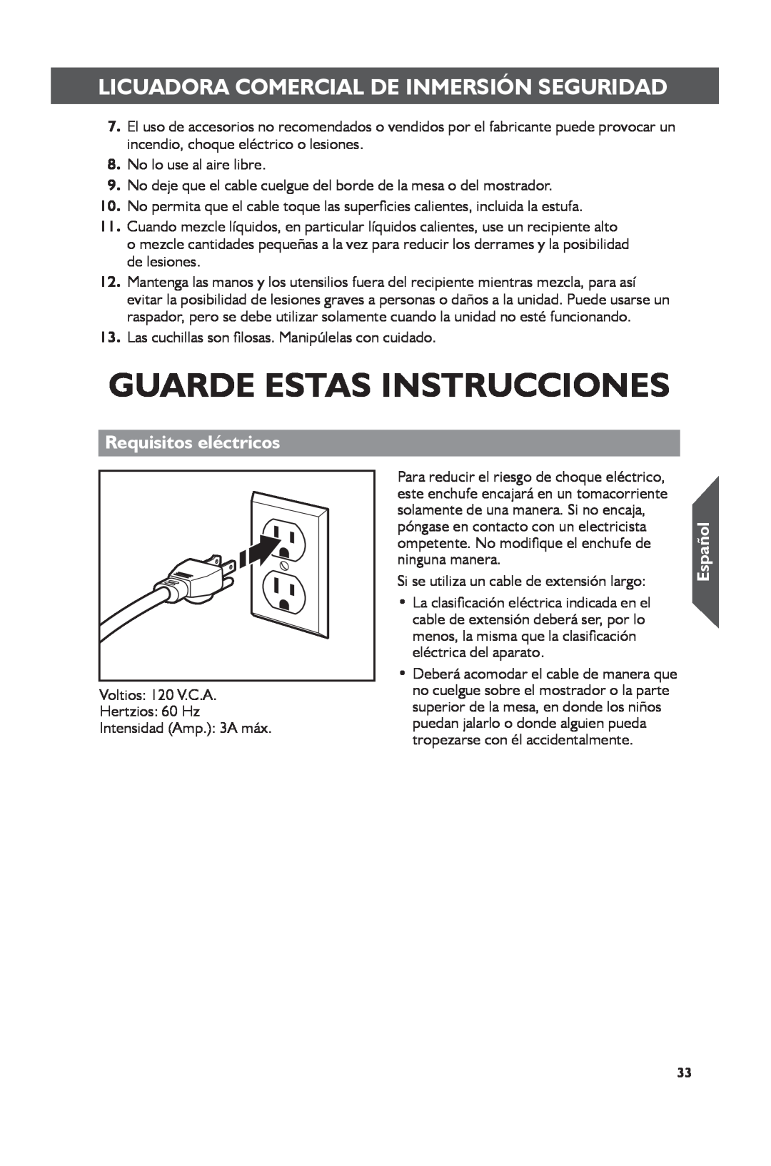KitchenAid KHBC212 Guarde Estas Instrucciones, Requisitos eléctricos, Licuadora Comercial De Inmersión Seguridad, Español 