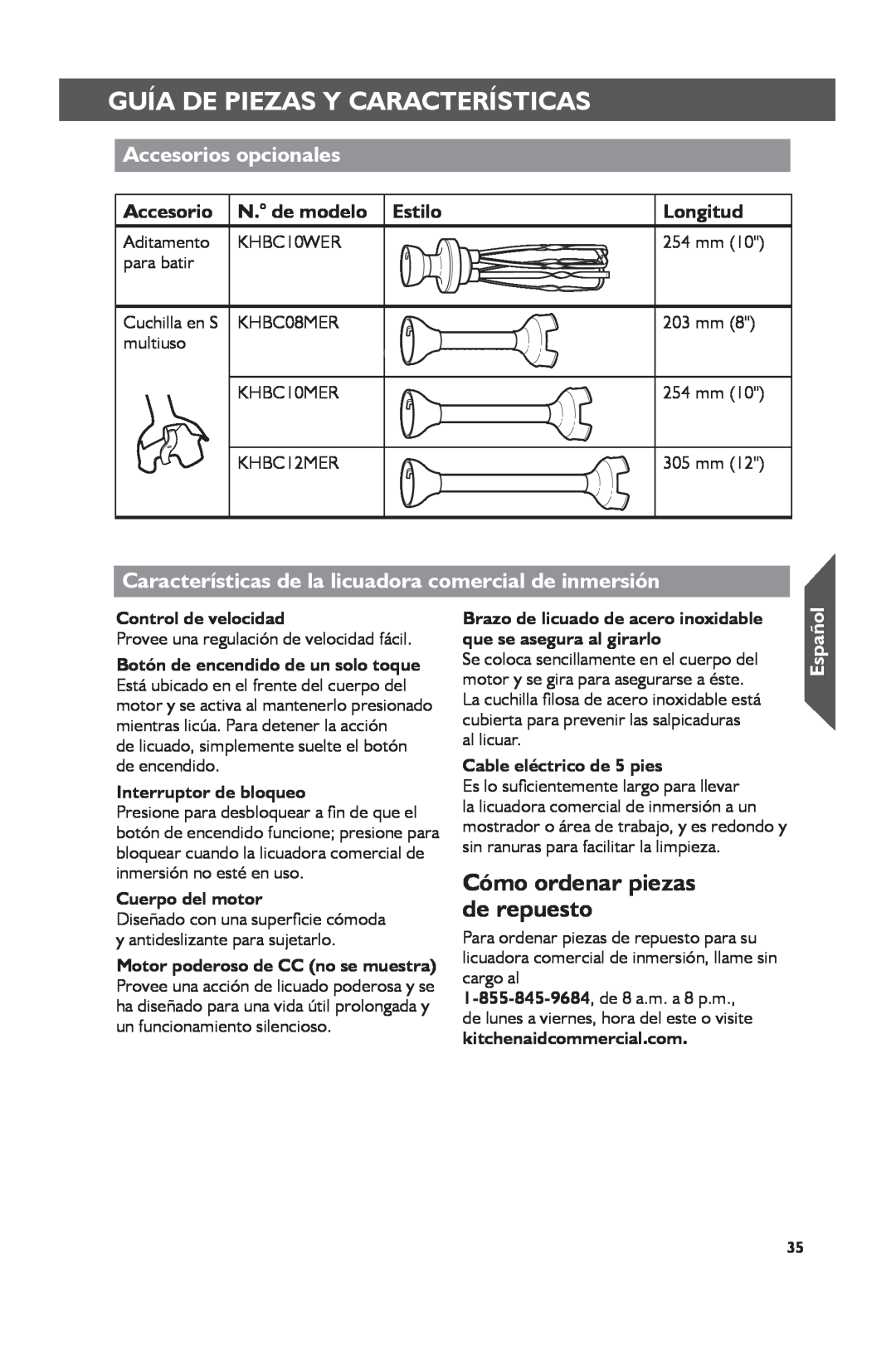 KitchenAid KHBC208 manual Cómo ordenar piezas de repuesto, Accesorios opcionales, N. de modelo, Estilo, Longitud, Español 