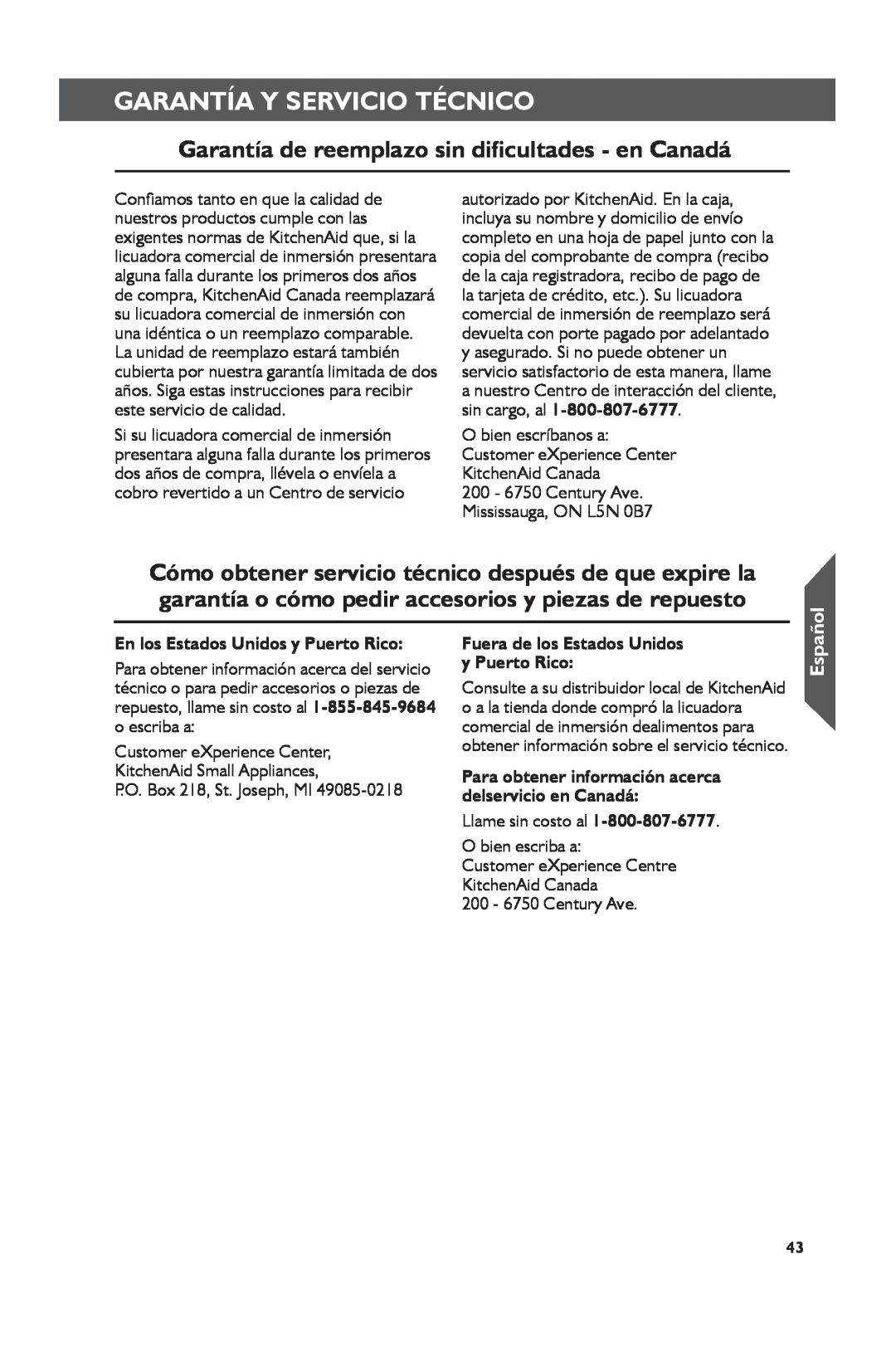 KitchenAid KHBC210 manual Garantía de reemplazo sin dificultades - en Canadá, En los Estados Unidos y Puerto Rico, Español 