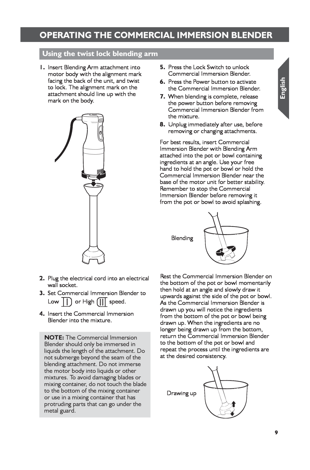 KitchenAid KHBC212 manual Using the twist lock blending arm, Operating The Commercial Immersion Blender, English, Blending 