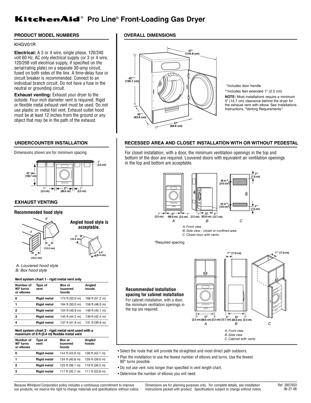 KitchenAid KHGV01R dimensions Pro Line Front-Loading Gas Dryer, Product Model Numbers, Overall Dimensions, Exhaust Venting 