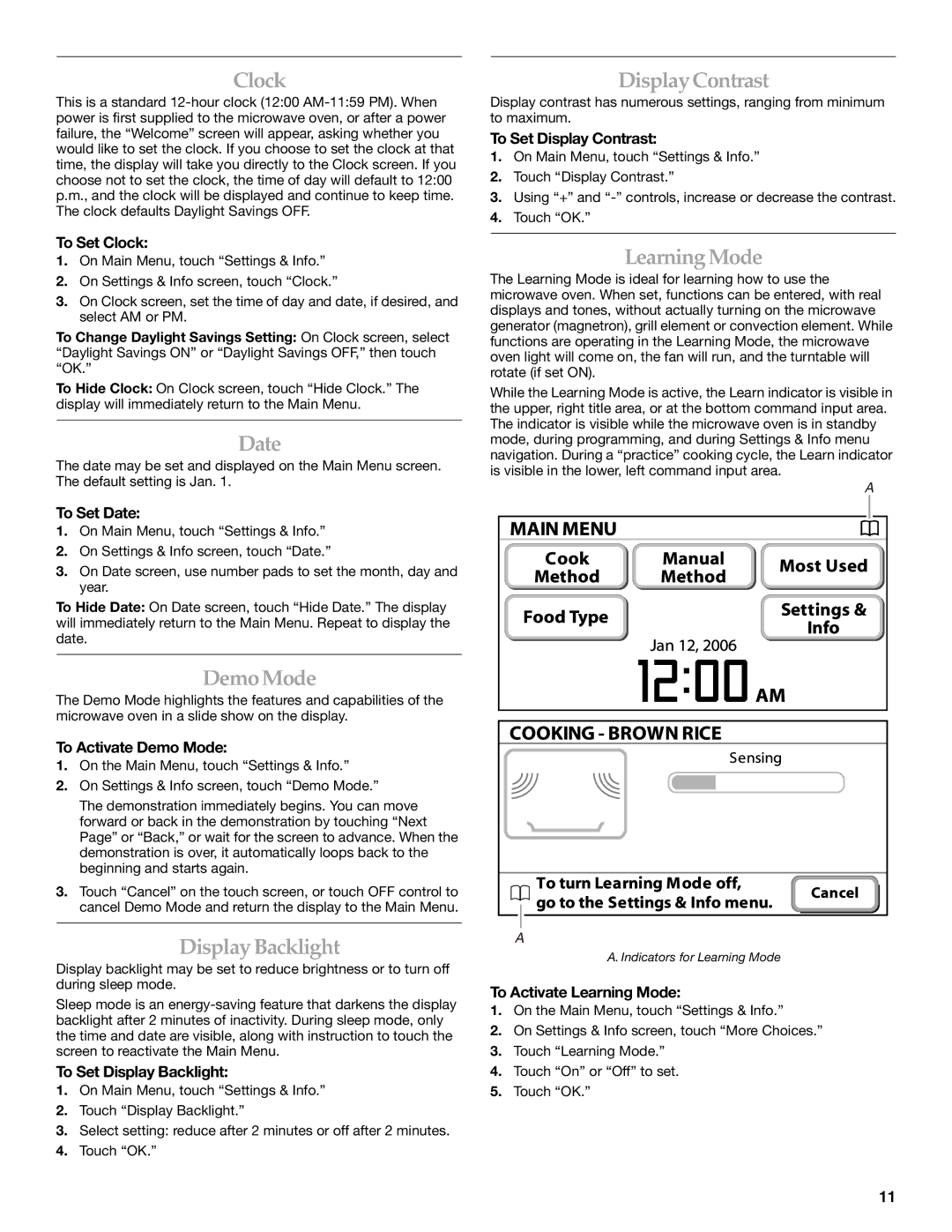 KitchenAid KHHC2096S, KHHC2090S manual Clock, Date, Demo Mode, Display Backlight, Display Contrast, Learning Mode 