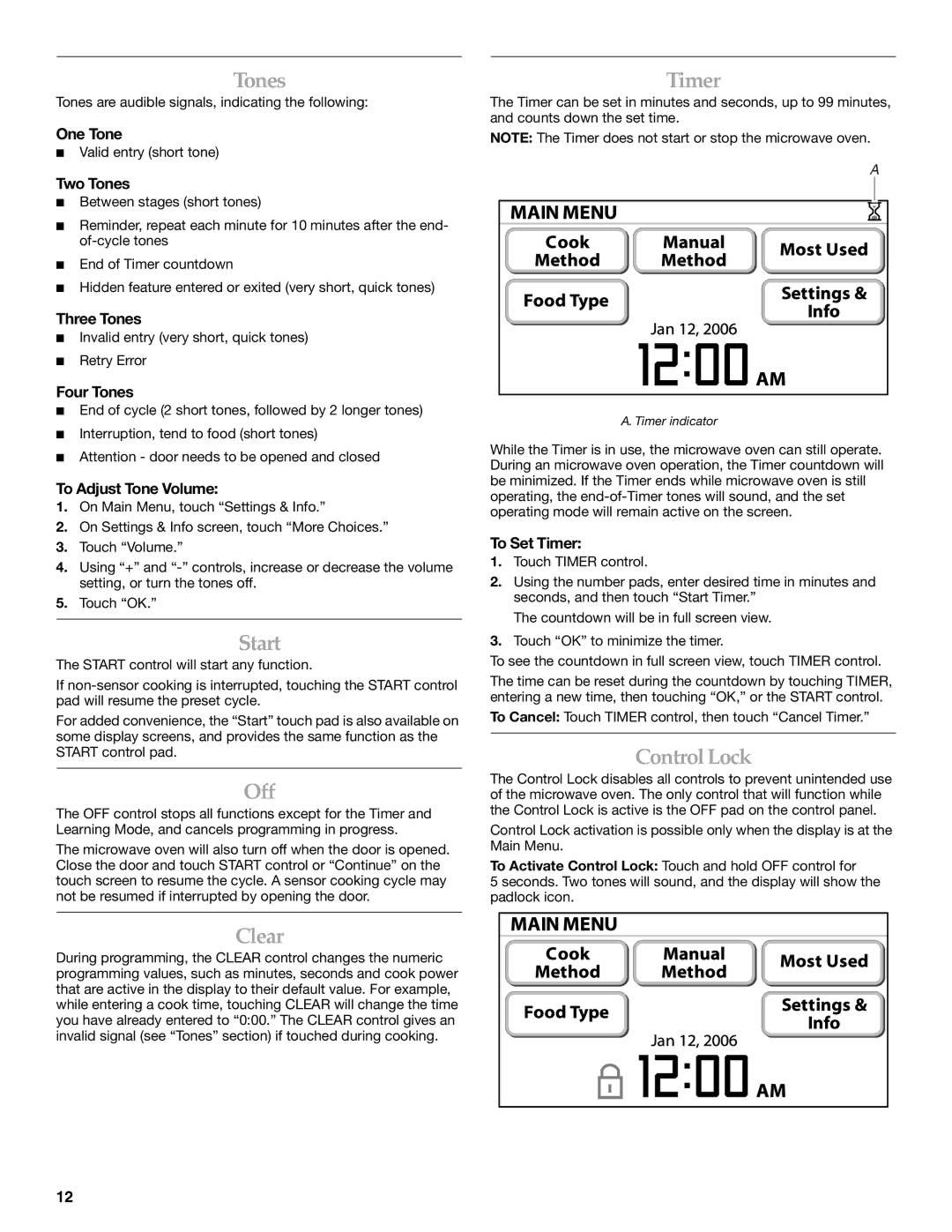 KitchenAid KHHC2090S, KHHC2096S manual Tones, Start, Off, Clear, Timer, Control Lock 