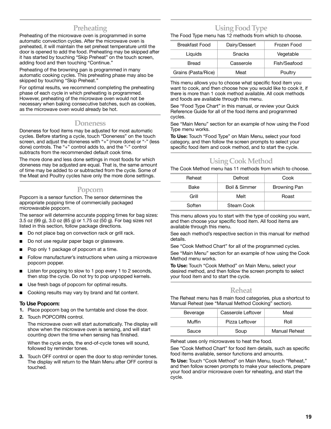 KitchenAid KHHC2096S, KHHC2090S manual Preheating, Doneness, Popcorn, Using Food Type, Using Cook Method, Reheat 