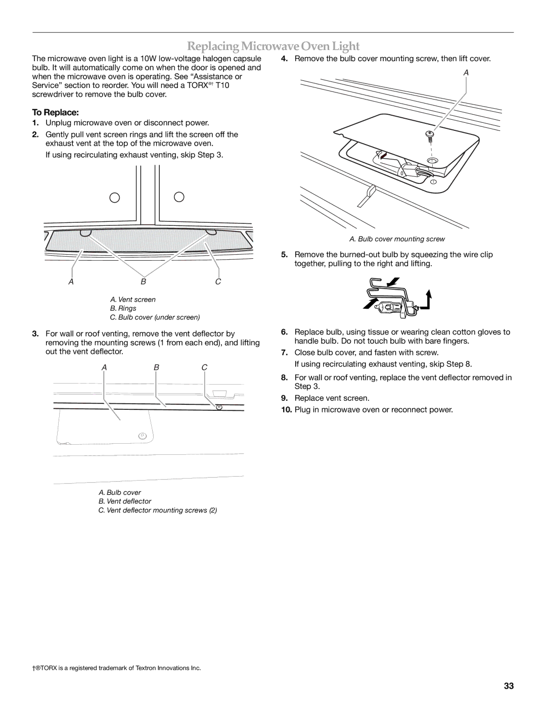 KitchenAid KHHC2096S, KHHC2090S manual Replacing Microwave Oven Light, Abc 