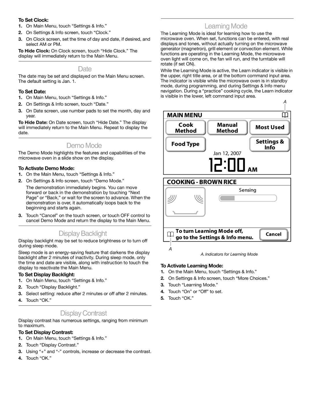 KitchenAid KHHC2090S manual Date, DemoMode, DisplayBacklight, DisplayContrast, LearningMode 