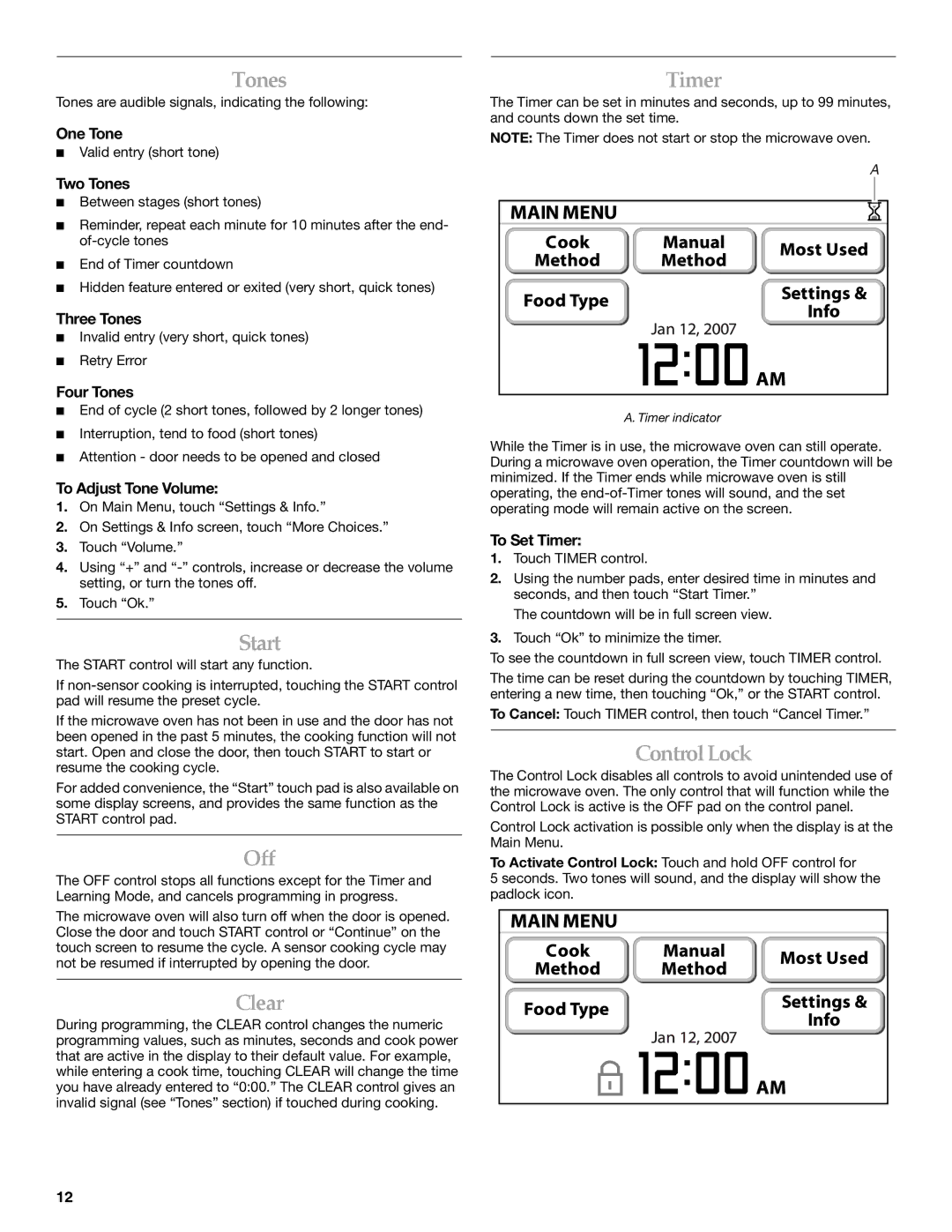 KitchenAid KHHC2090S manual Tones, Start, Off, Clear, Timer, ControlLock 