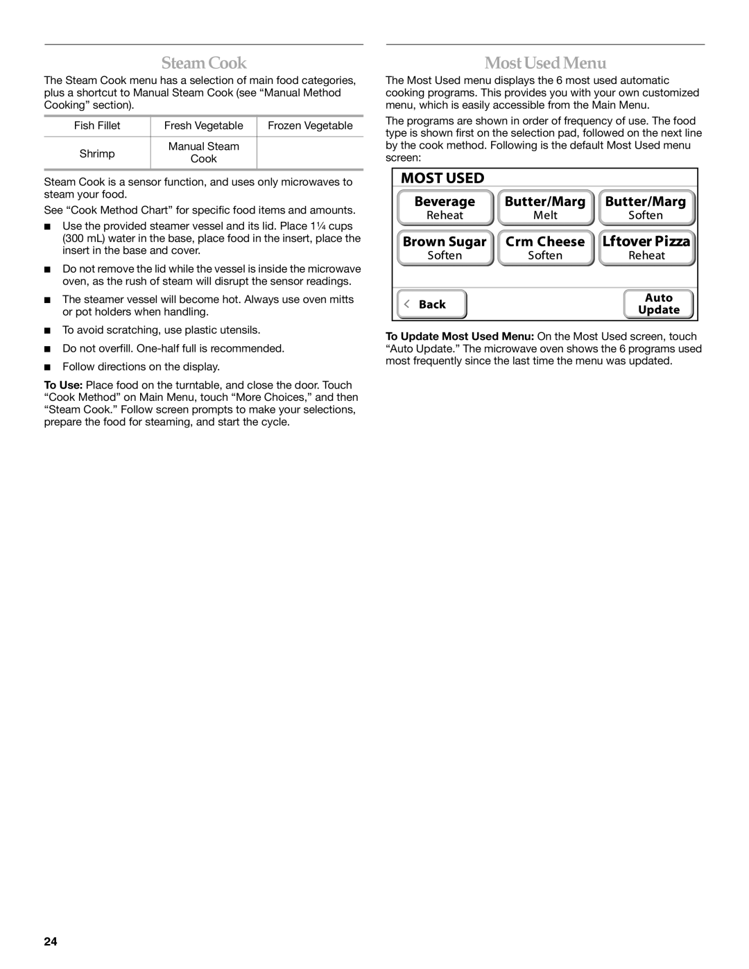 KitchenAid KHHC2090S manual SteamCook, MostUsedMenu 