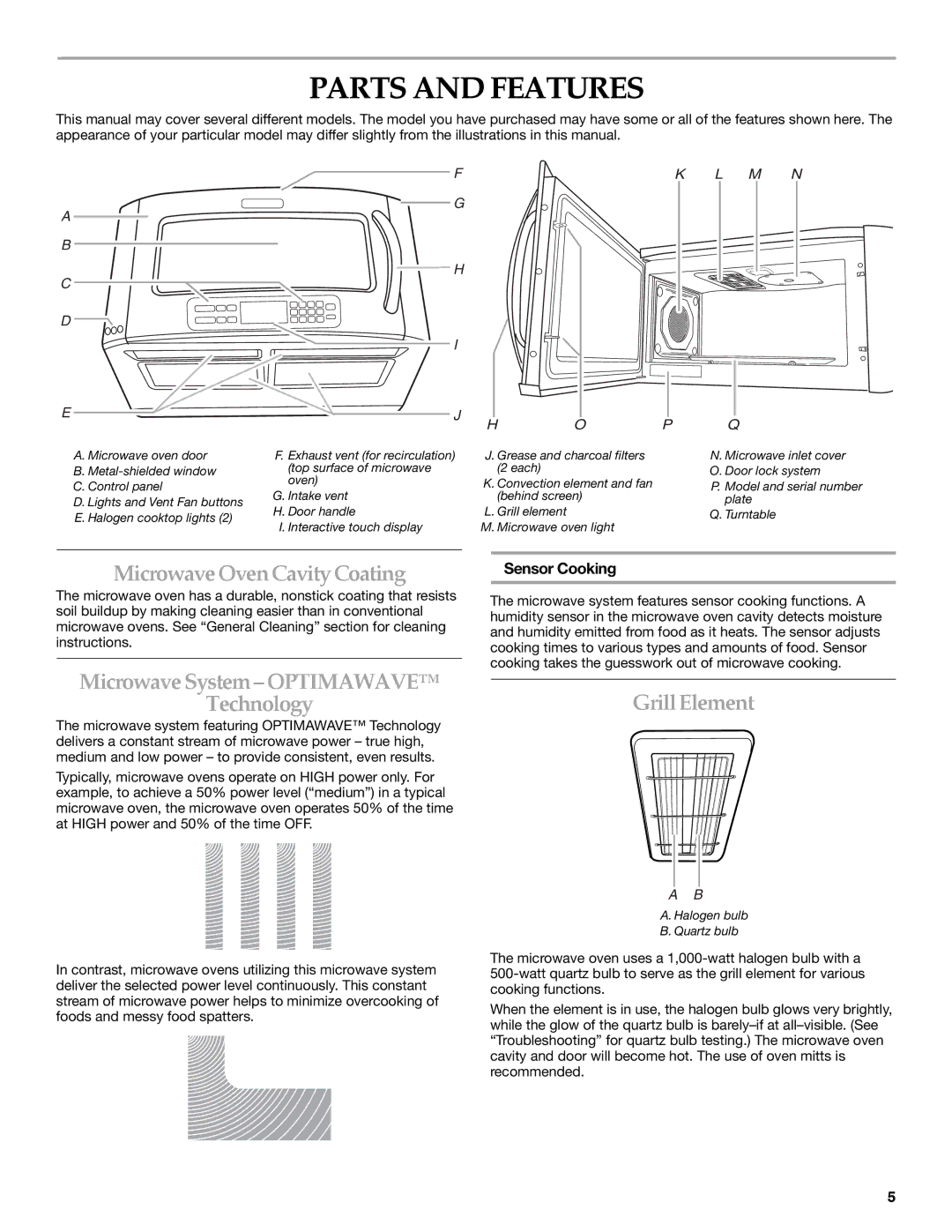 KitchenAid KHHC2090S Parts and Features, MicrowaveOvenCavityCoating, MicrowaveSystem-OPTIMAWAVE Technology, GrillElement 