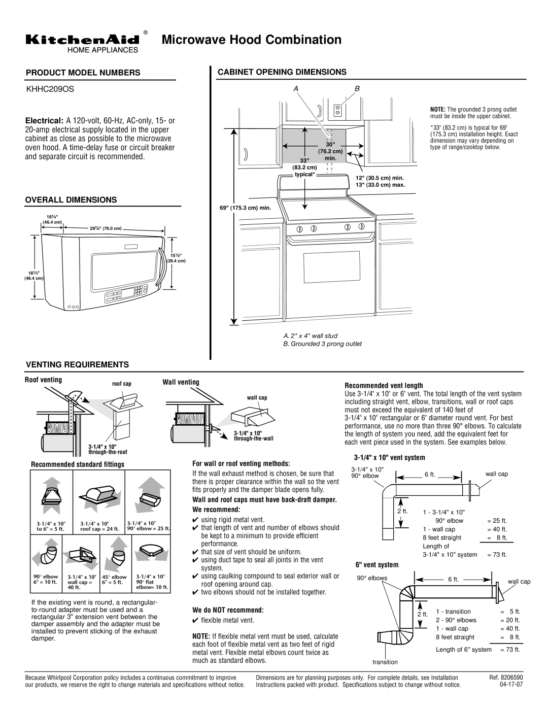 KitchenAid KHHC209OS dimensions Product Model Numbers, Cabinet Opening Dimensions, Overall Dimensions 