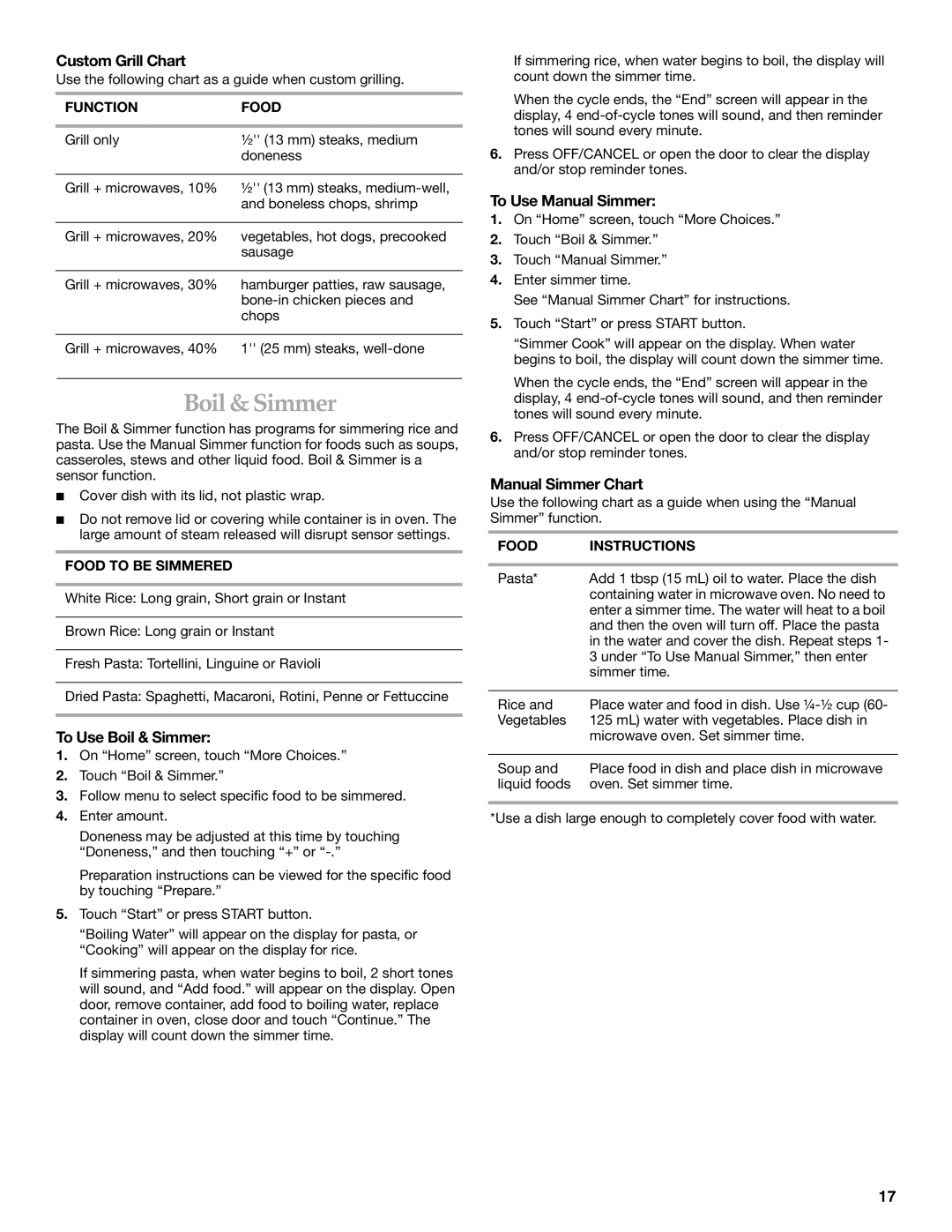 KitchenAid KHHS179L manual Custom Grill Chart, To Use Boil & Simmer, To Use Manual Simmer, Manual Simmer Chart 