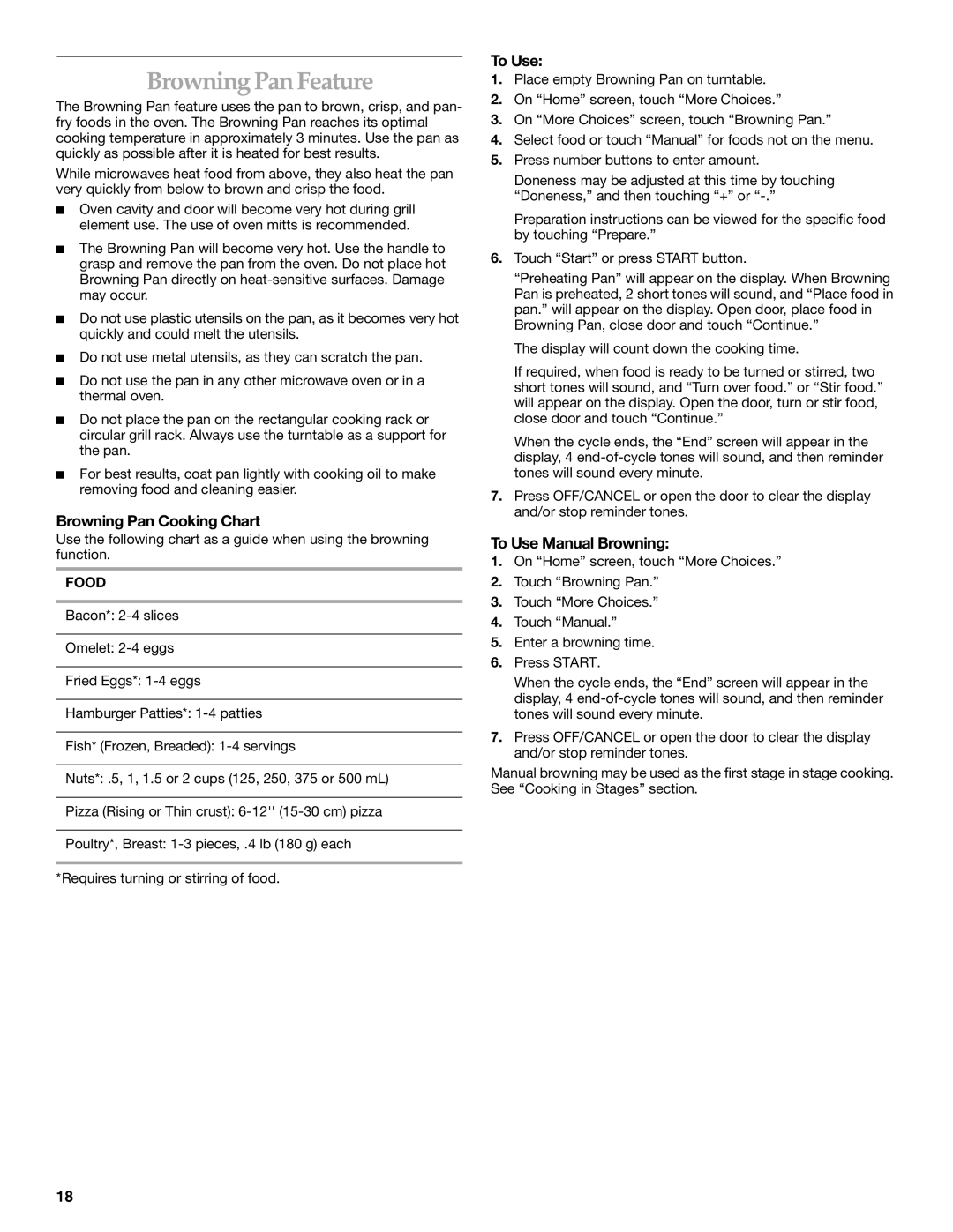 KitchenAid KHHS179L manual Browning Pan Feature, Browning Pan Cooking Chart, To Use Manual Browning 