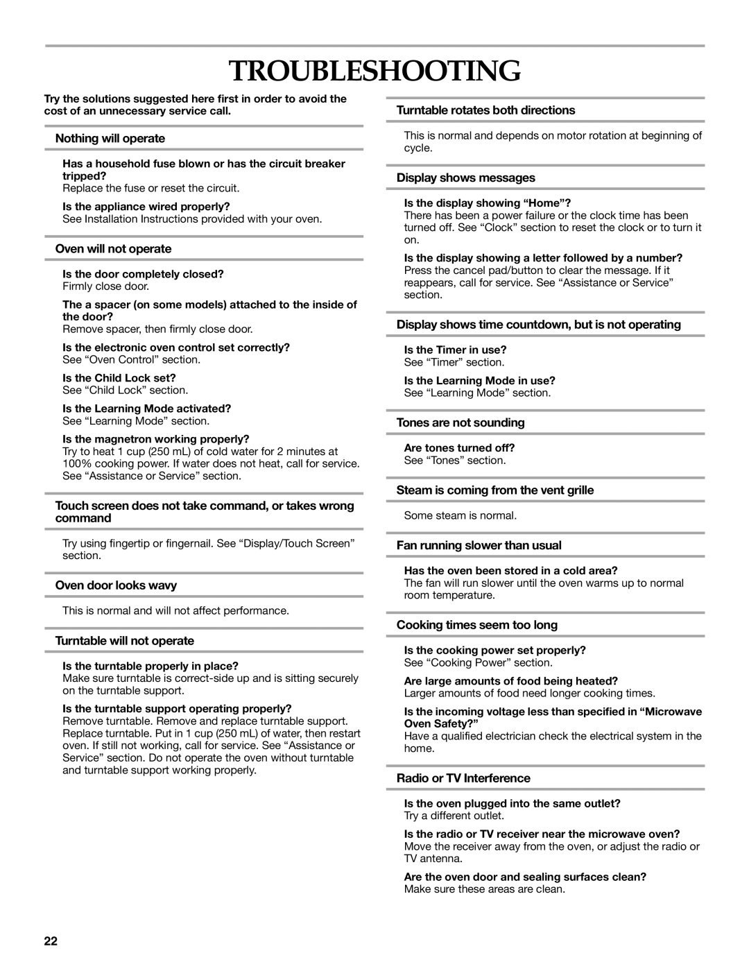 KitchenAid KHHS179L manual Troubleshooting 