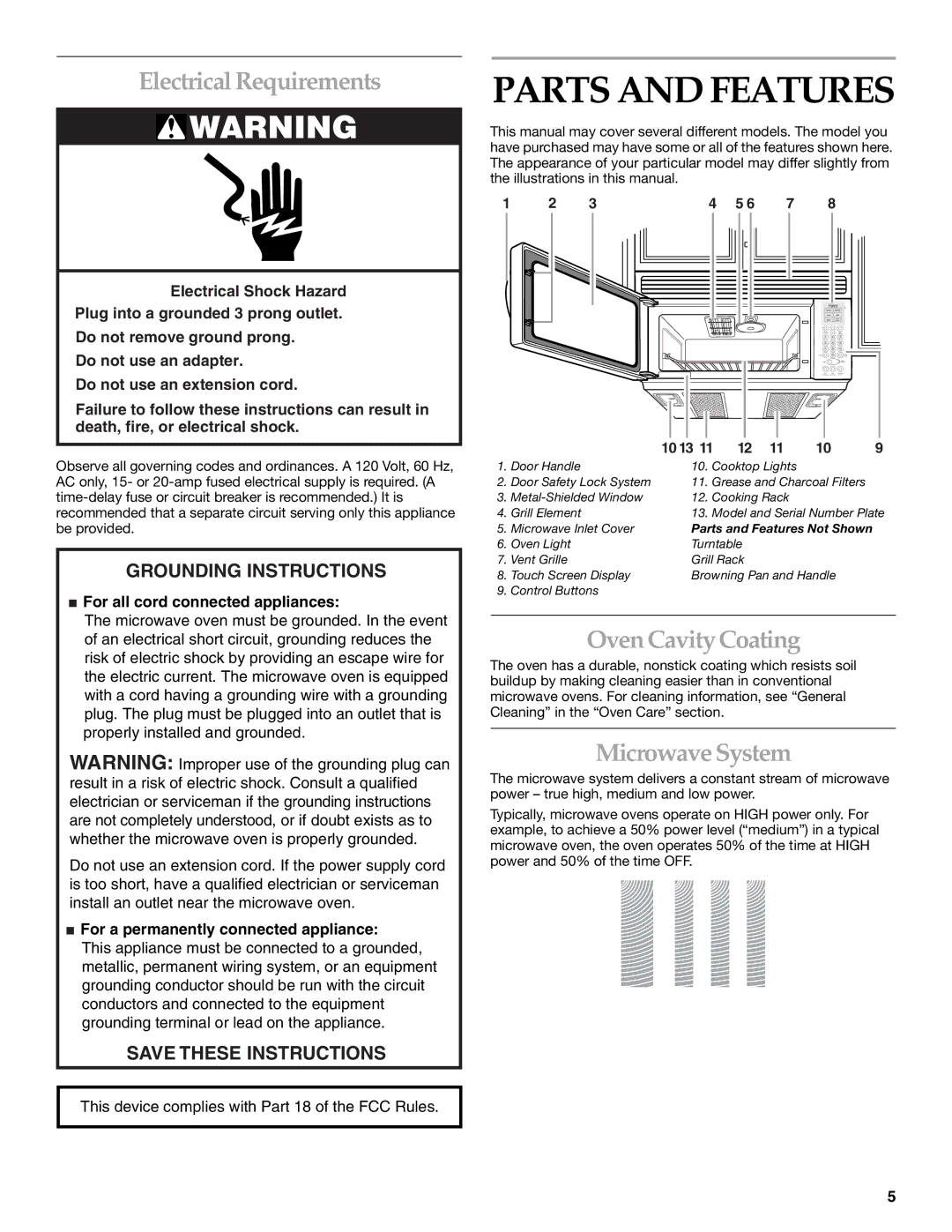 KitchenAid KHHS179L manual Parts and Features, Electrical Requirements, Oven Cavity Coating, Microwave System 