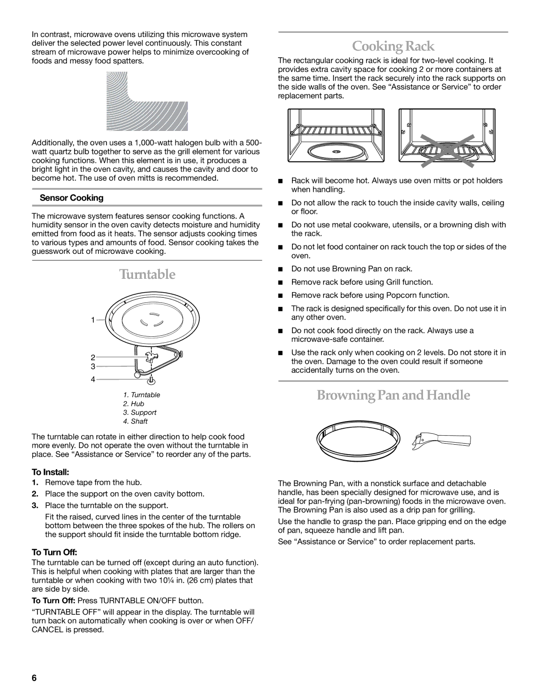 KitchenAid KHHS179L manual Turntable, Cooking Rack, Browning Pan and Handle 