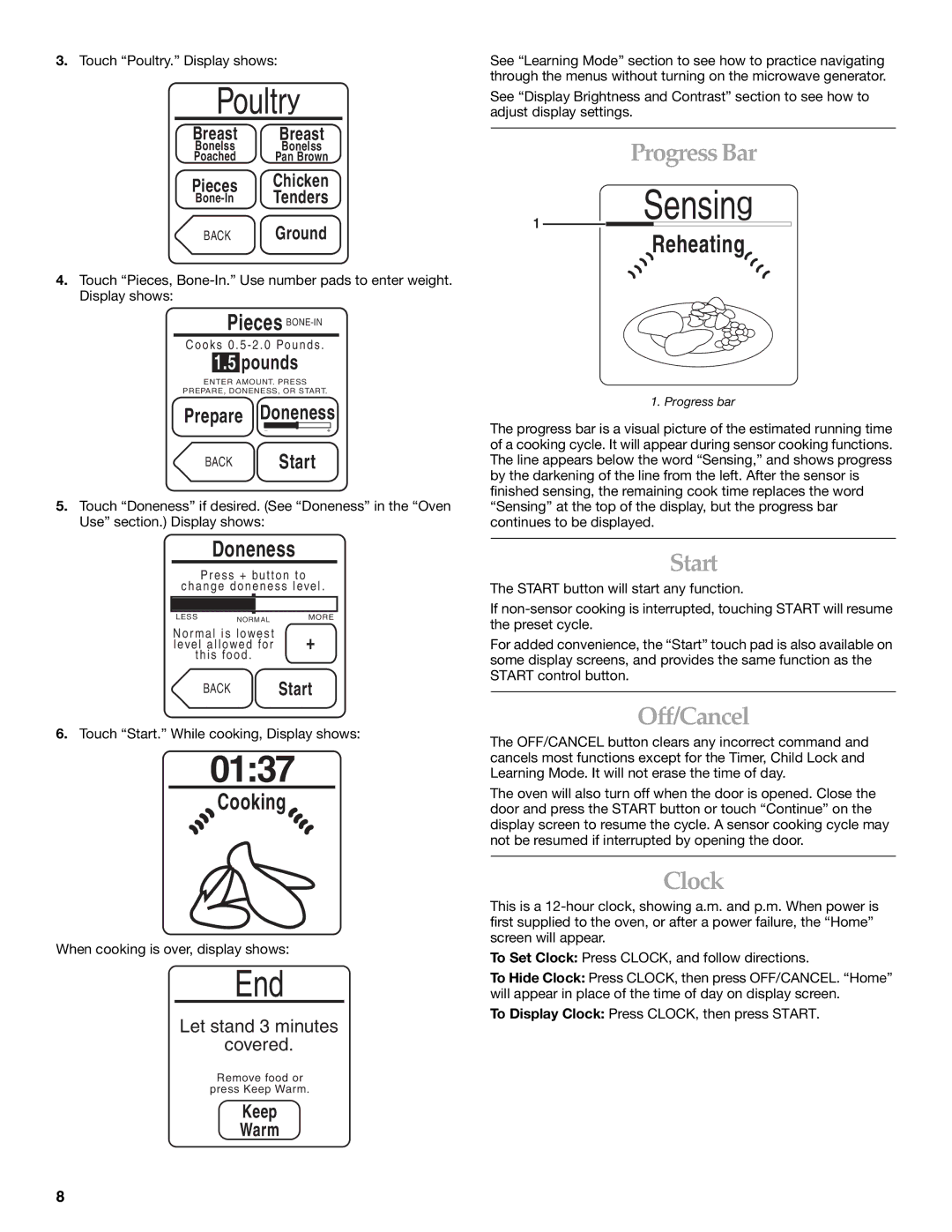 KitchenAid KHHS179L manual Progress Bar, Start, Off/Cancel, Clock, Keep Warm 