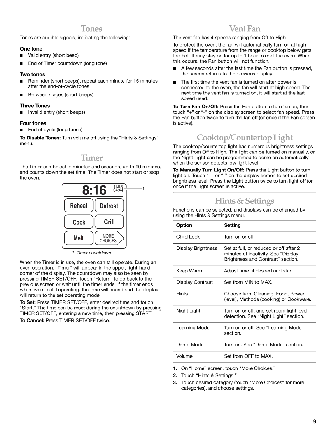 KitchenAid KHHS179L manual Tones, Timer, Vent Fan, Cooktop/Countertop Light, Hints& Settings 