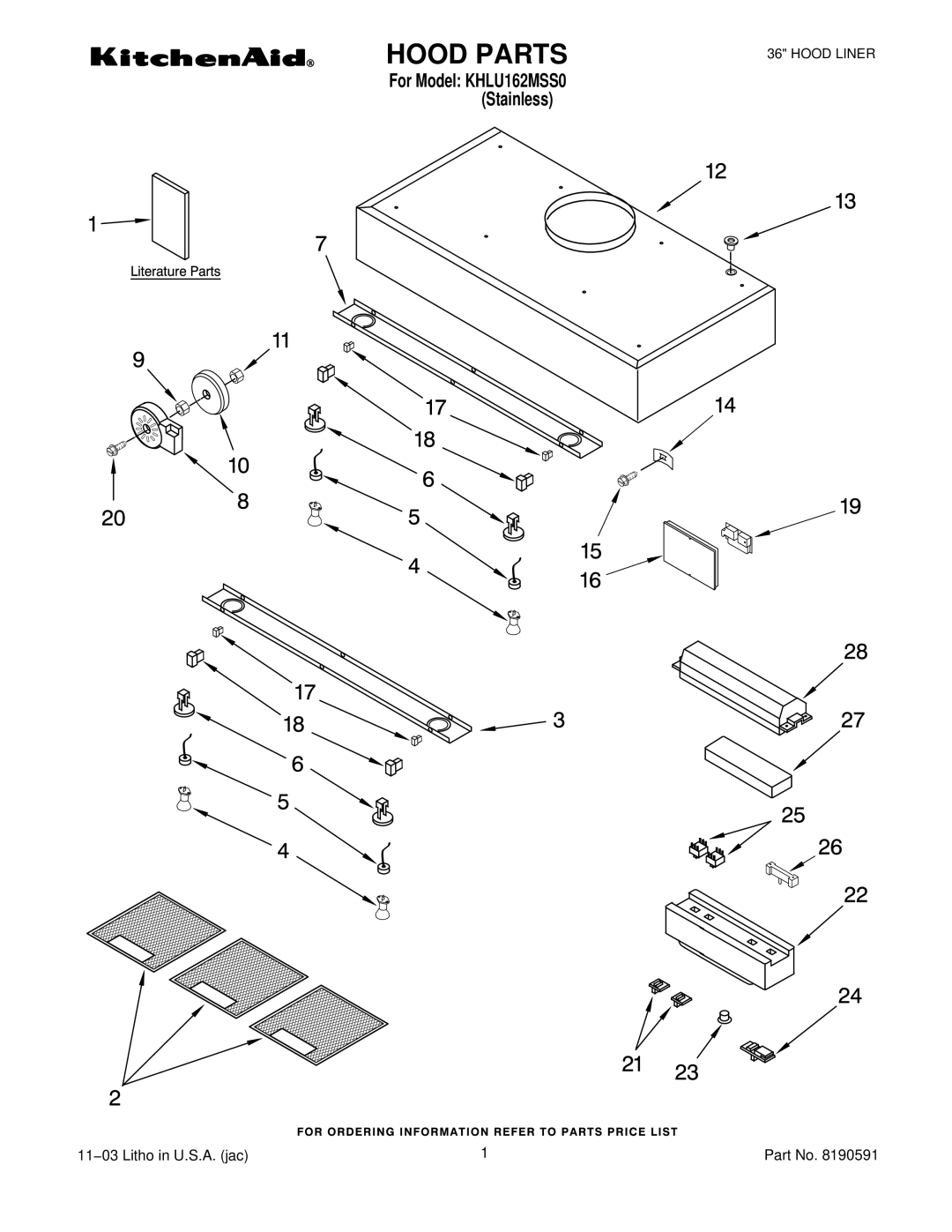 KitchenAid KHLU162MSS0 manual Hood Parts 