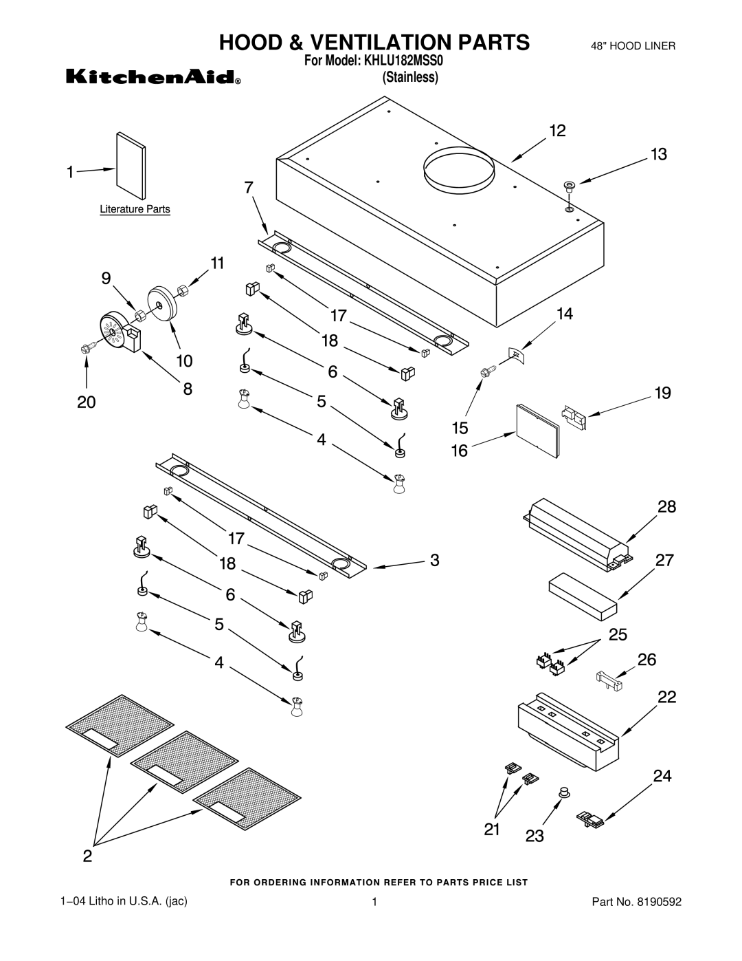 KitchenAid KHLU182MSS0 manual Hood & Ventilation Parts 