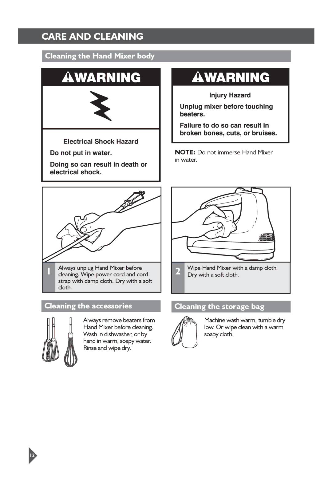 KitchenAid KHM31 manual Care and Cleaning, Cleaning the Hand Mixer body, Cleaning the accessories, Cleaning the storage bag 