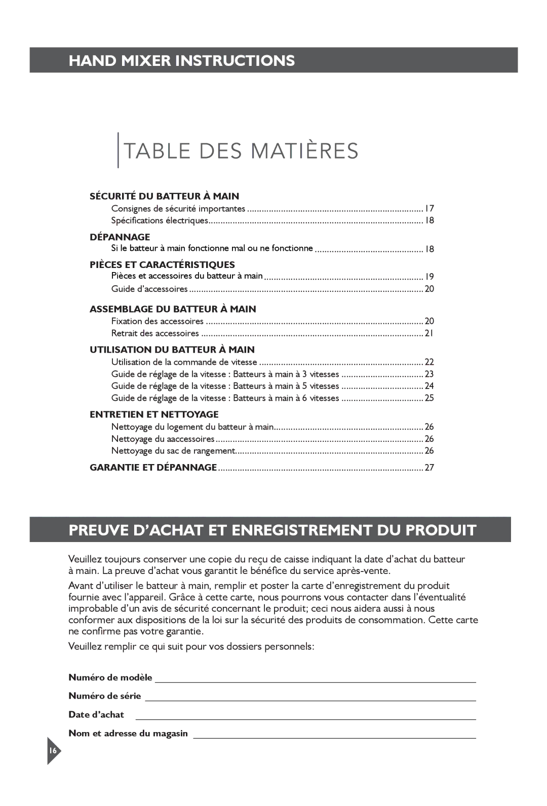 KitchenAid KHM31 manual Table DES Matières, Preuve D’ACHAT ET Enregistrement DU Produit 