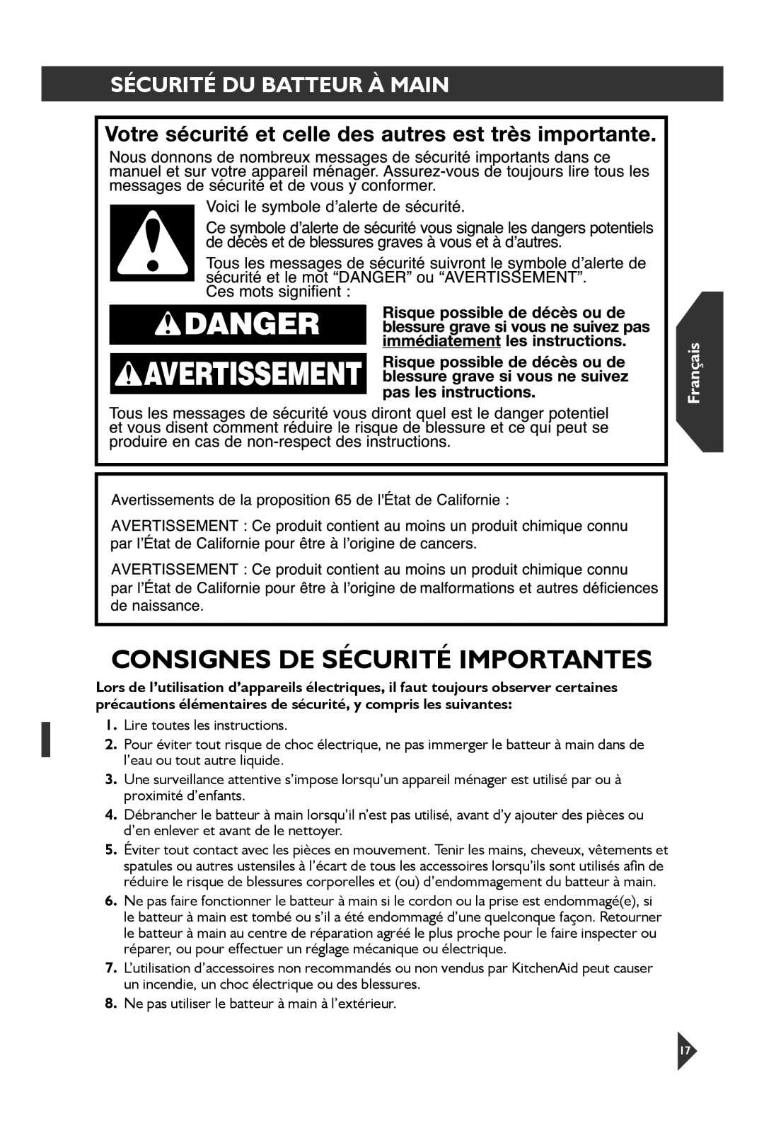 KitchenAid KHM31 manual Consignes DE Sécurité Importantes, Sécurité DU Batteur À Main 