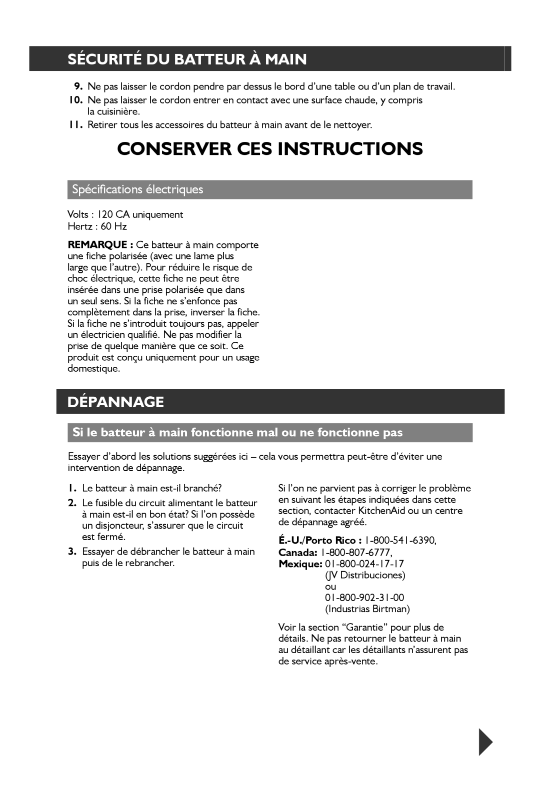 KitchenAid KHM31 manual Dépannage, Spécifications électriques, Si le batteur à main fonctionne mal ou ne fonctionne pas 