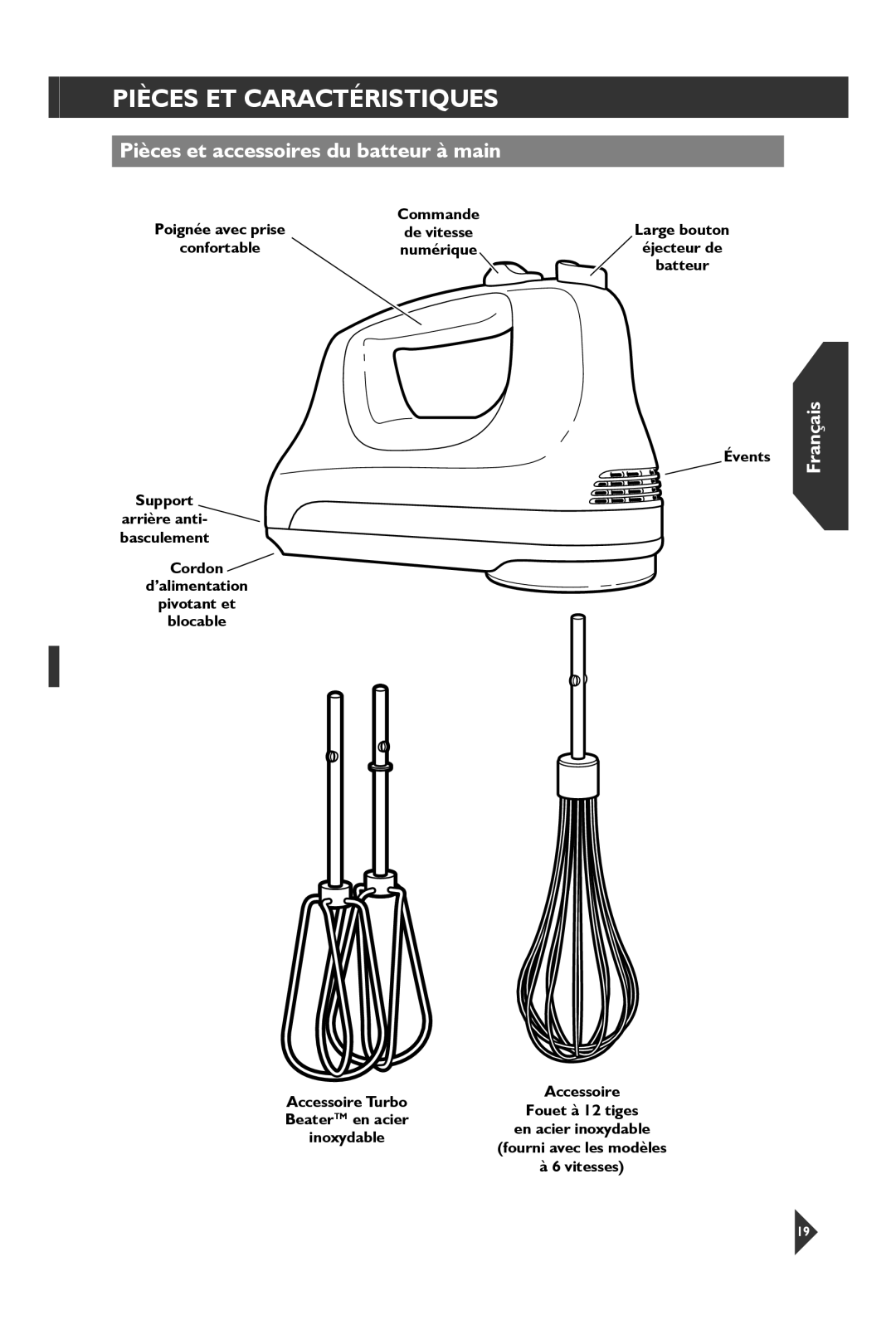 KitchenAid KHM31 manual Pièces ET Caractéristiques, Pièces et accessoires du batteur à main 