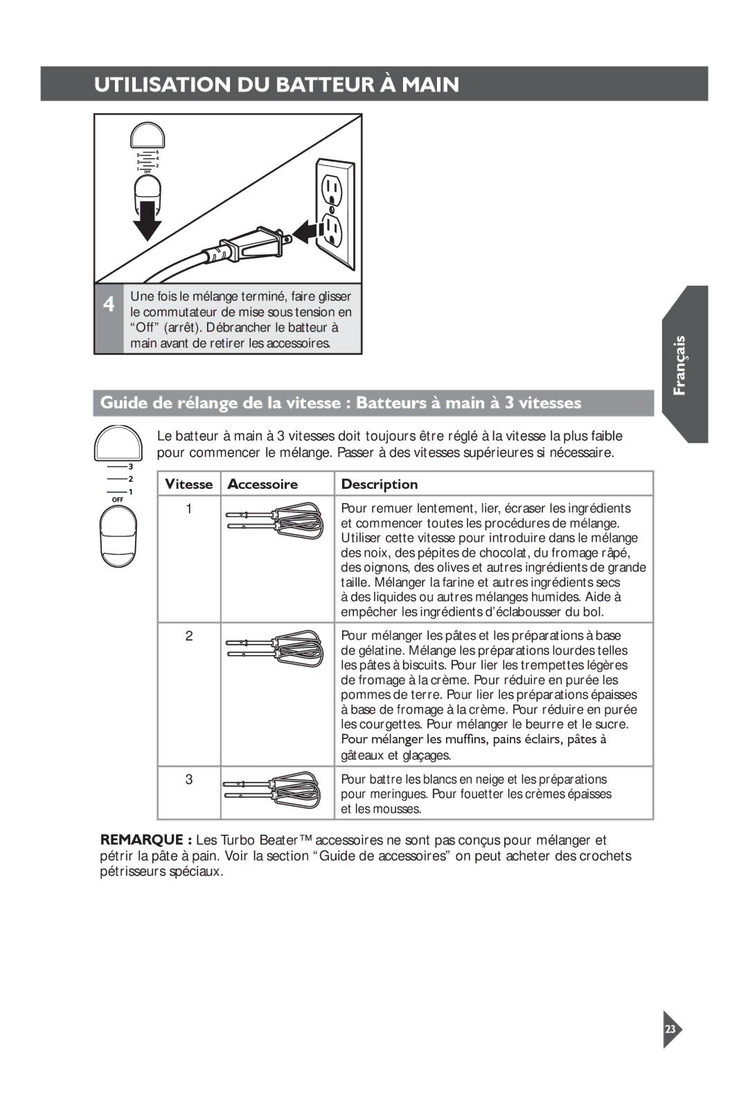 KitchenAid KHM31 manual Guide de rélange de la vitesse Batteurs à main à 3 vitesses 