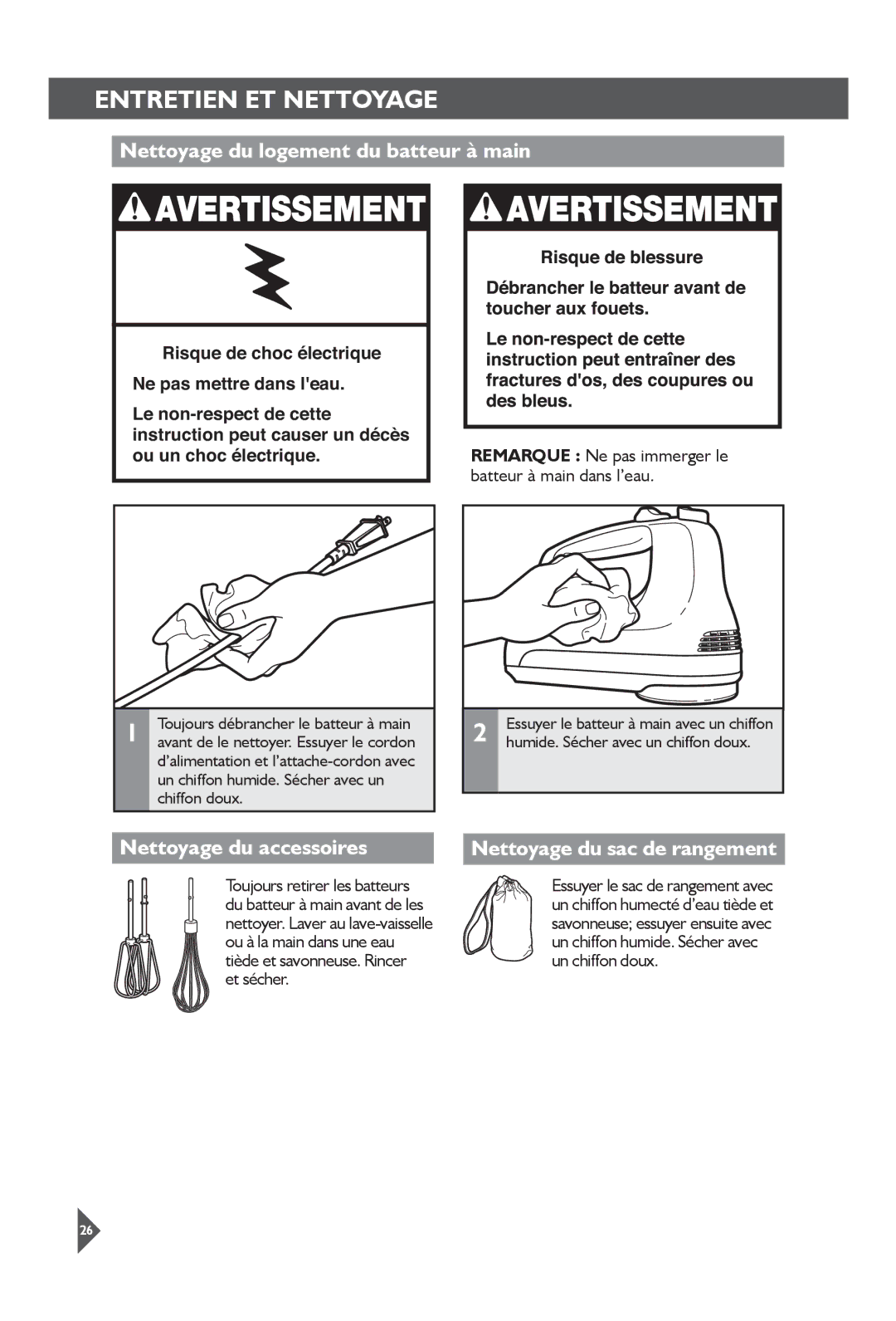 KitchenAid KHM31 manual Entretien ET Nettoyage, Nettoyage du logement du batteur à main, Nettoyage du accessoires 