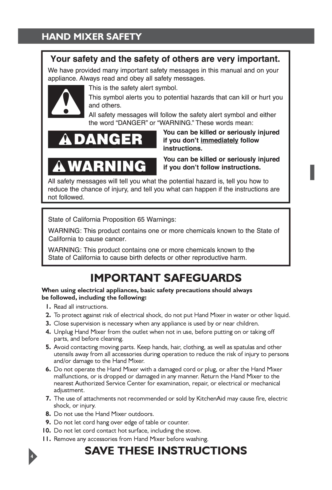 KitchenAid KHM31 manual Important Safeguards, Hand Mixer Safety 