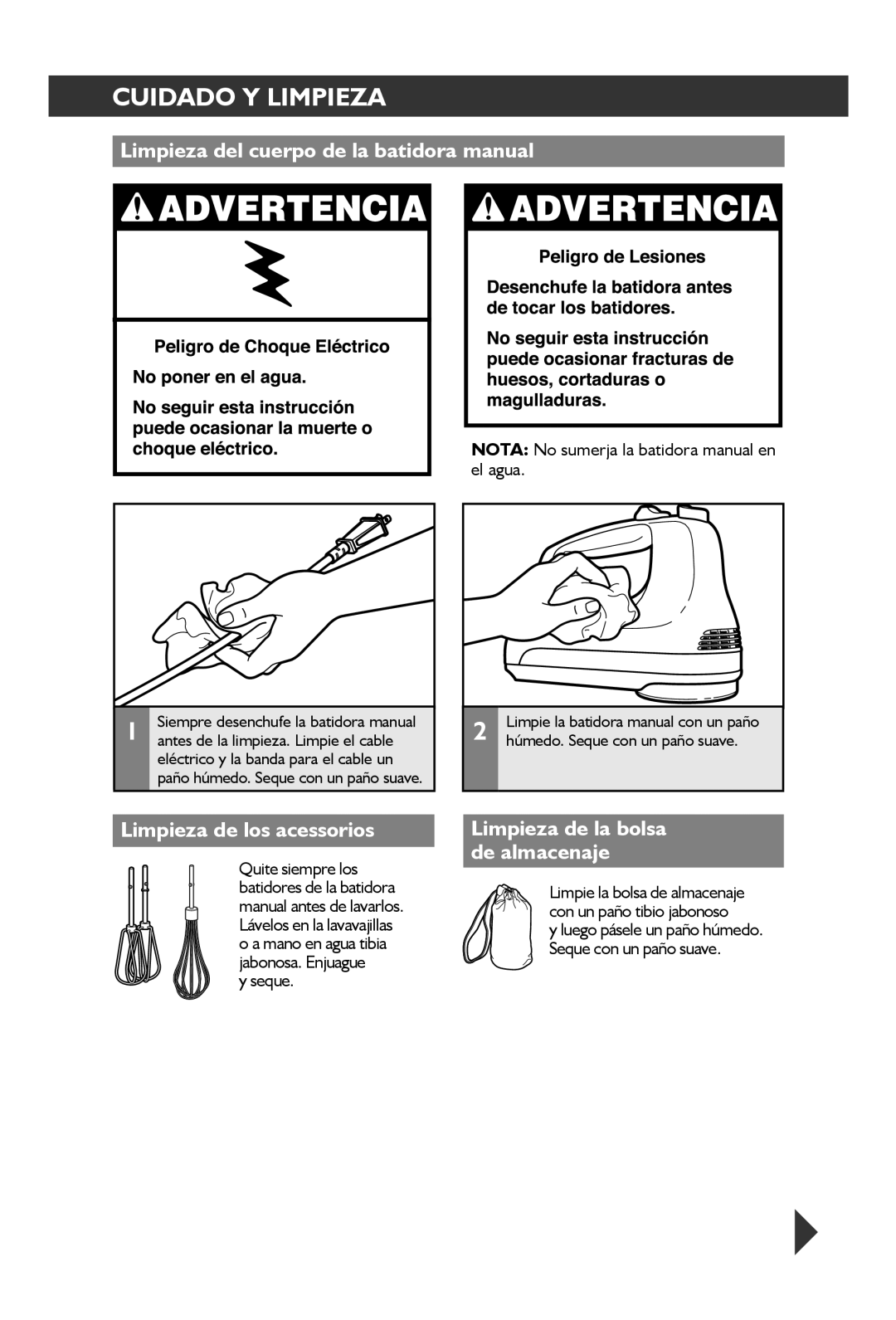 KitchenAid KHM31 Cuidado Y Limpieza, Limpieza del cuerpo de la batidora manual, Limpieza de los acessorios, Seque 