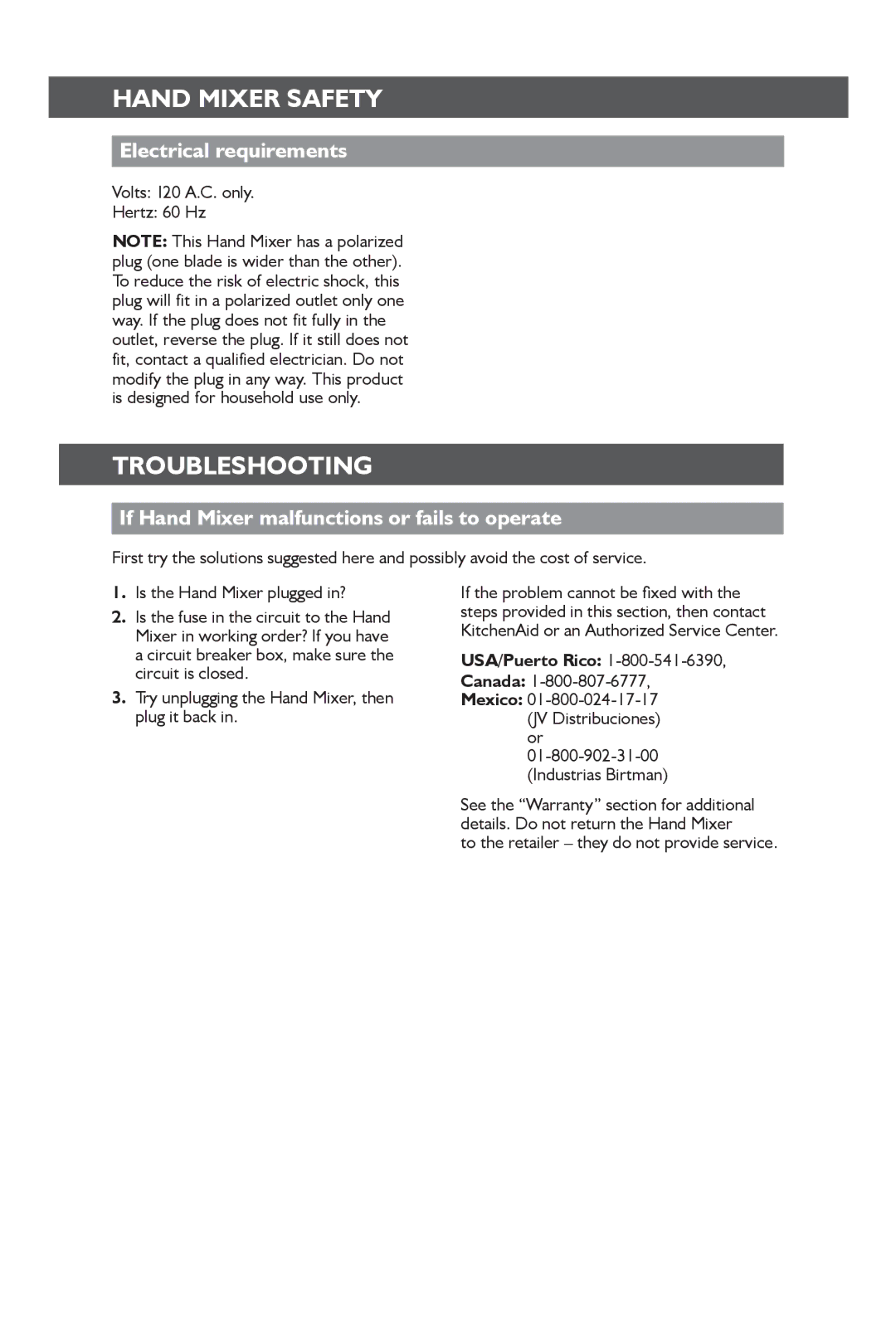KitchenAid KHM31 Troubleshooting, Electrical requirements, If Hand Mixer malfunctions or fails to operate, USA/Puerto Rico 