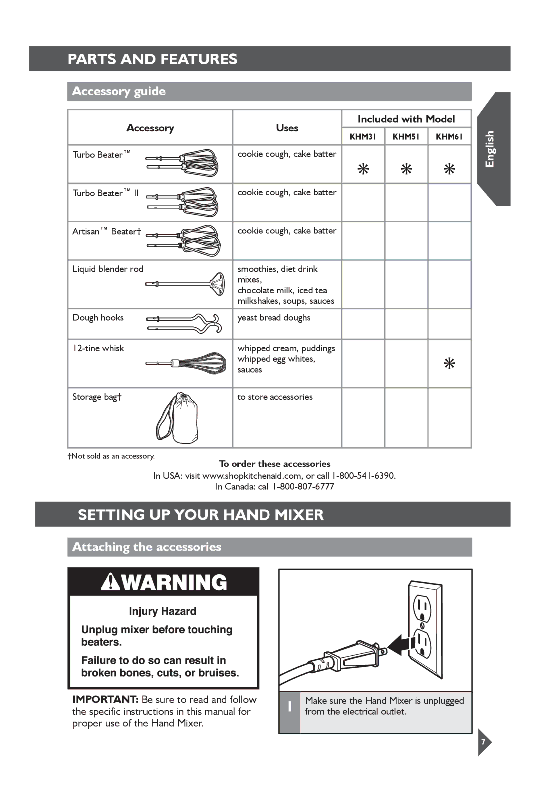 KitchenAid KHM31 manual Setting Up Your Hand Mixer, Accessory guide, Attaching the accessories 