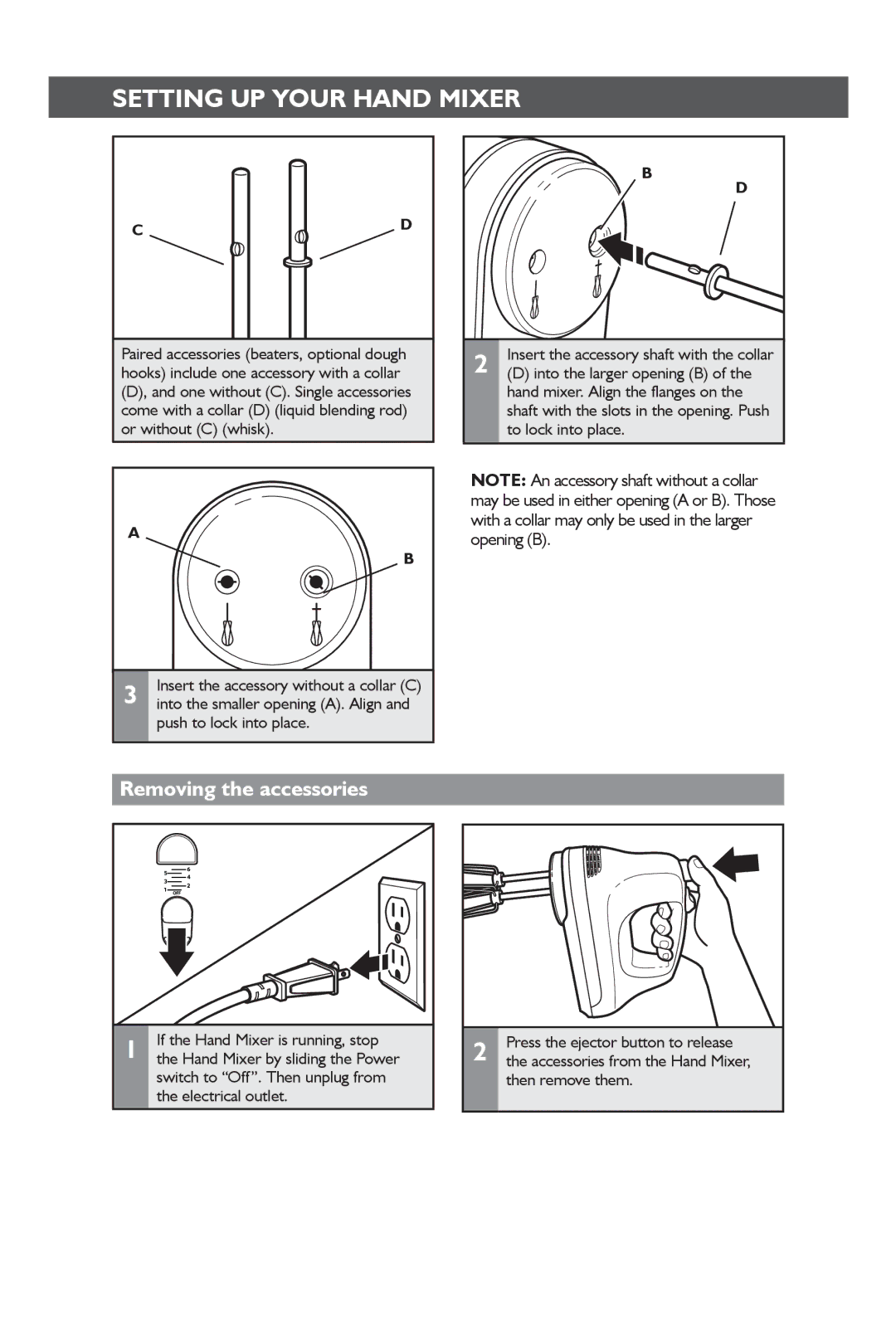 KitchenAid KHM31 Removing the accessories, Push to lock into place, If the Hand Mixer is running, stop, Then remove them 